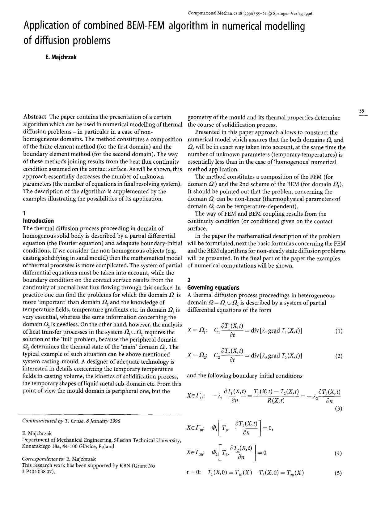 Application of combined BEM-FEM algorithm in numerical modelling of diffusion problems by Unknown