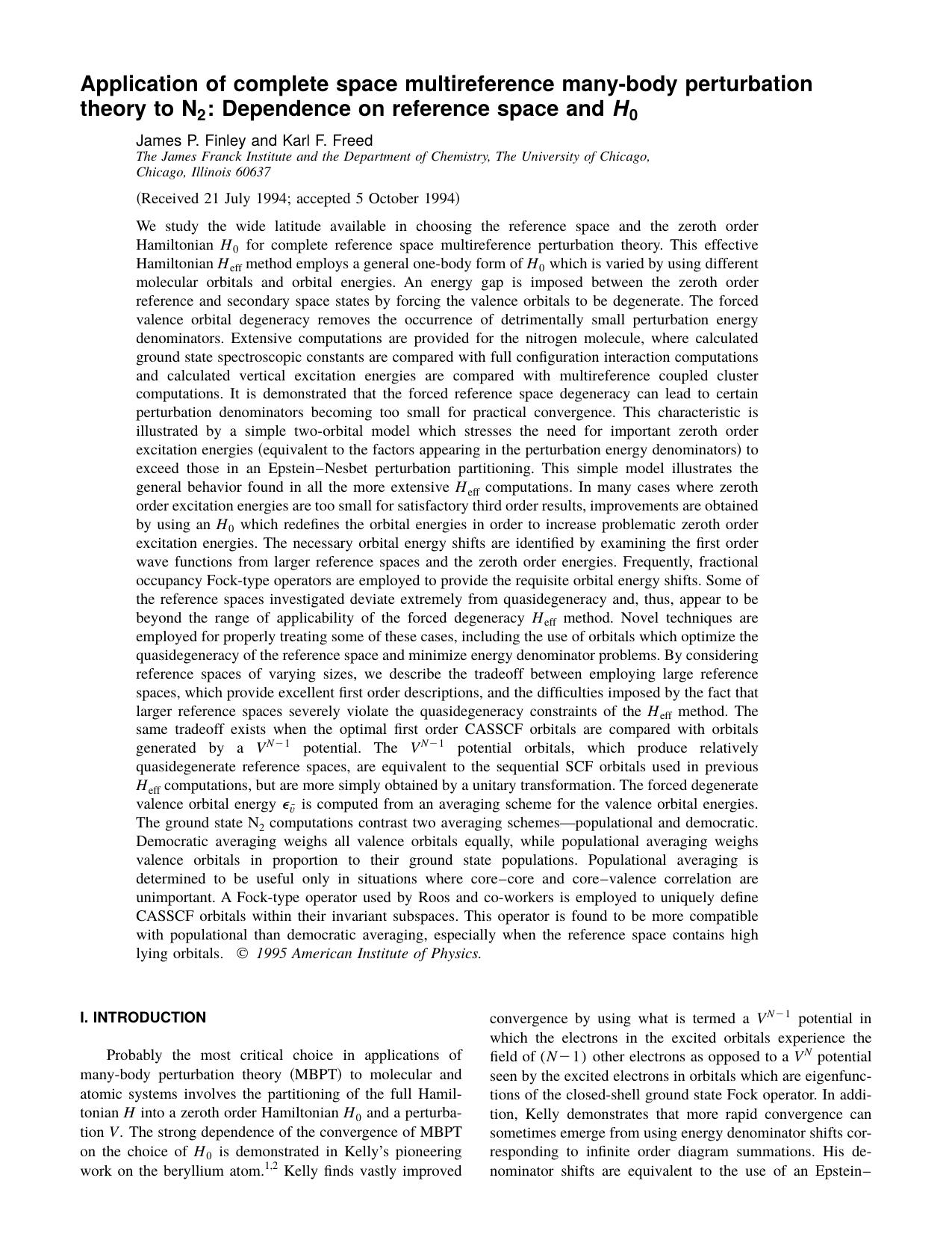 Application of complete space multireference many- by James P. Finley and Karl F. Freed