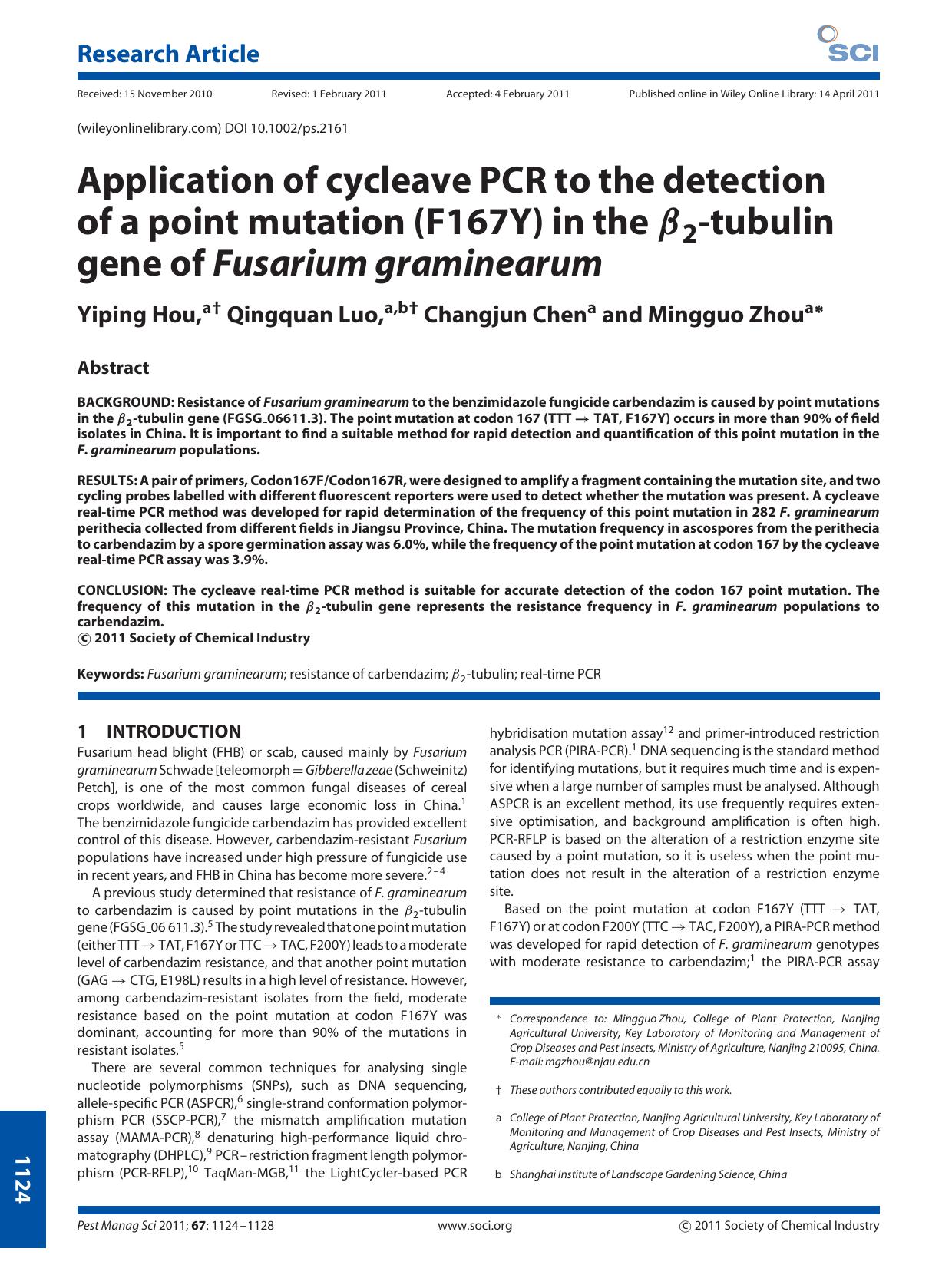 Application of cycleave PCR to the detection of a point mutation (F167Y) in the 2tubulin gene of Fusarium graminearum by Unknown