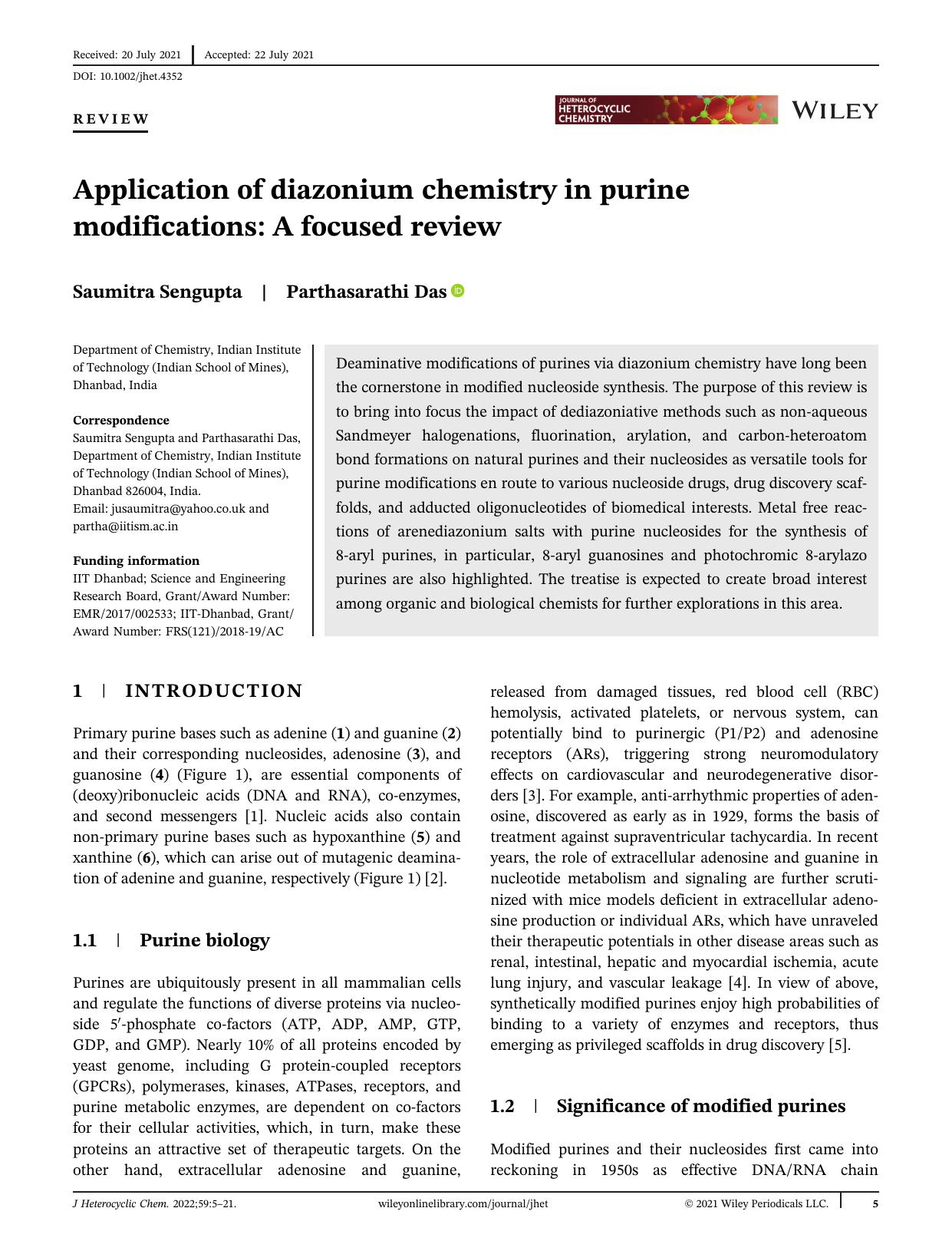 Application of diazonium chemistry in purine modifications: a focused review by Unknown
