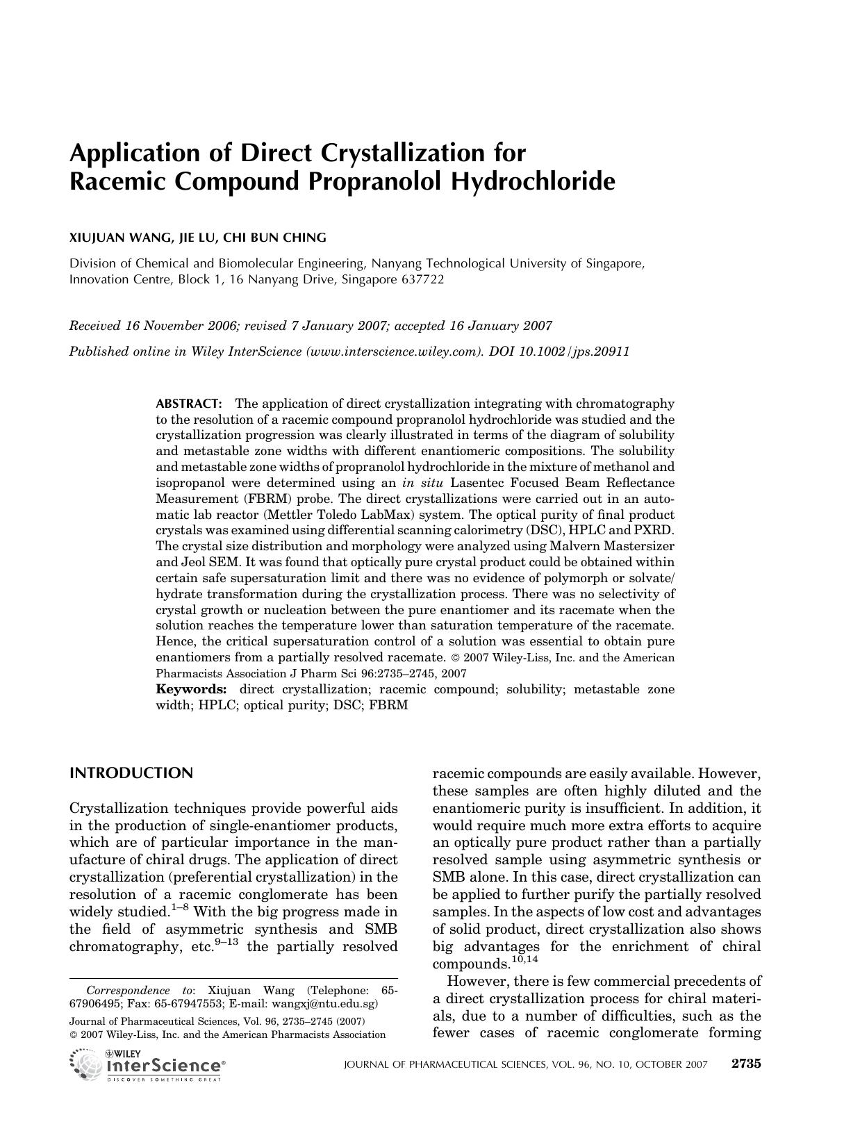 Application of direct crystallization for racemic compound propranolol hydrochloride by Unknown