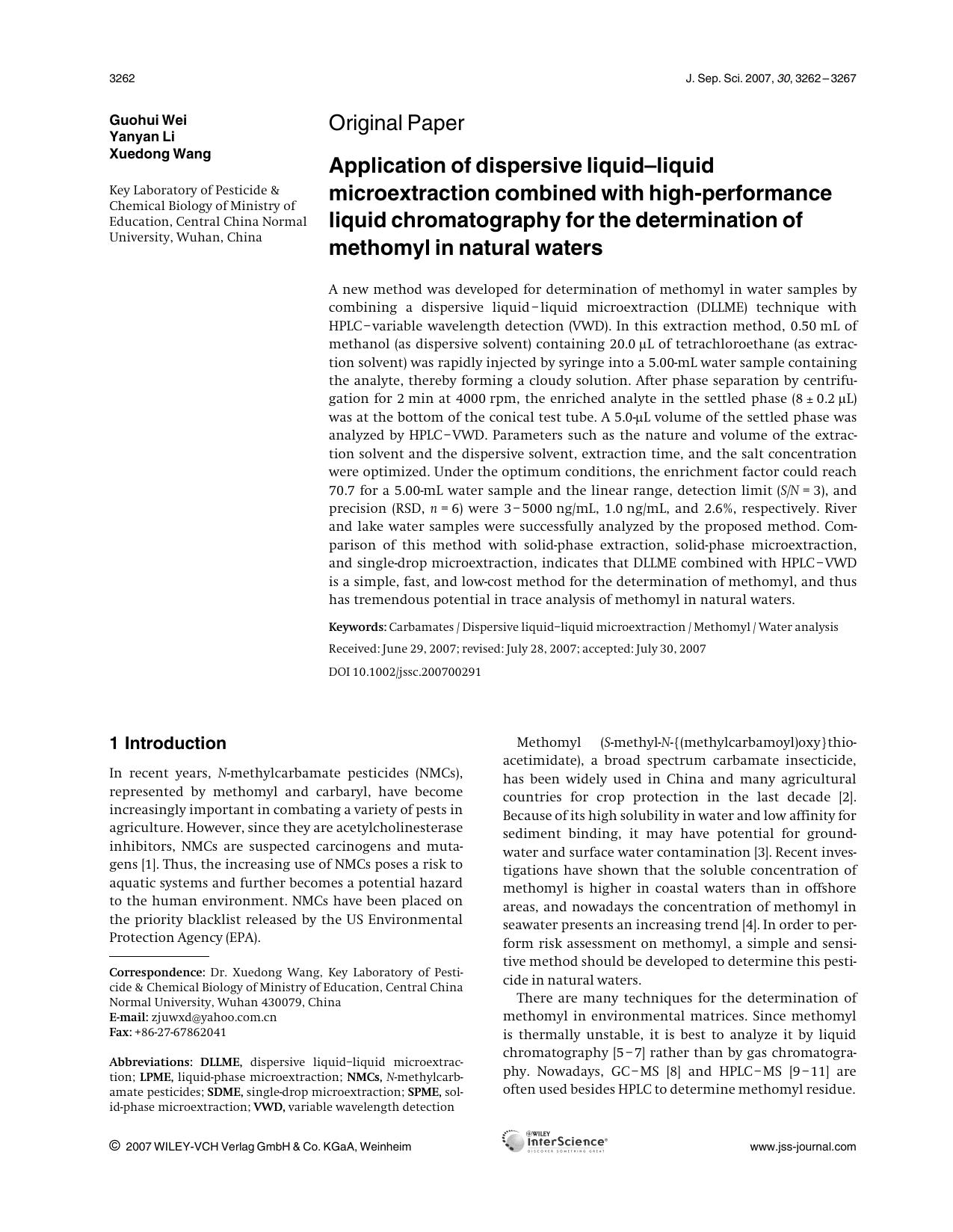 Application of dispersive liquid-liquid microextraction combined with high-performance liquid chromatography for the determination of methomyl in natural waters by Unknown