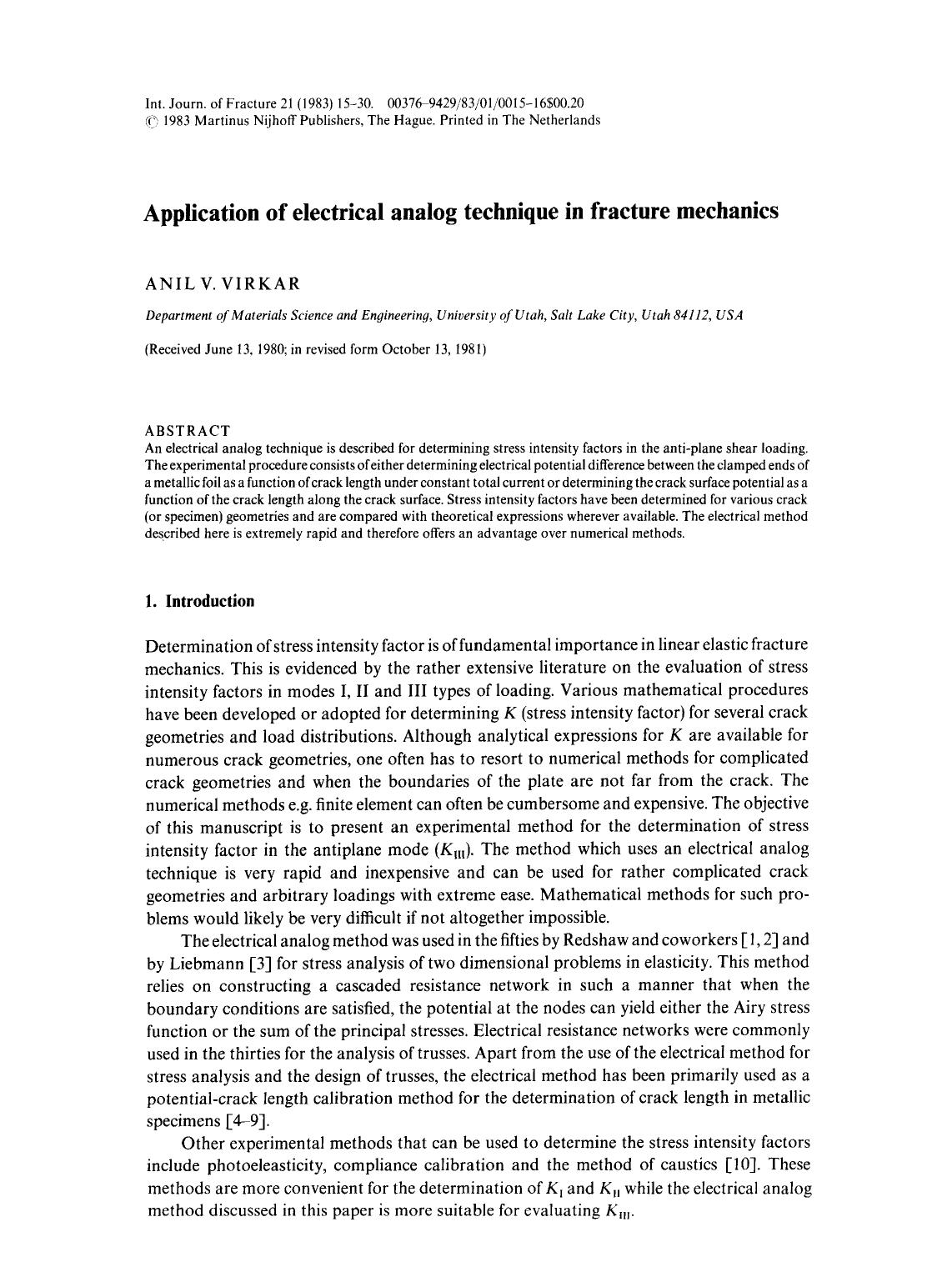 Application of electrical analog technique in fracture mechanics by Unknown