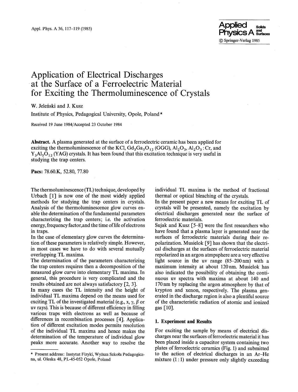 Application of electrical discharges at the surface of a ferroelectric material for exciting the thermoluminescence of crystals by Unknown