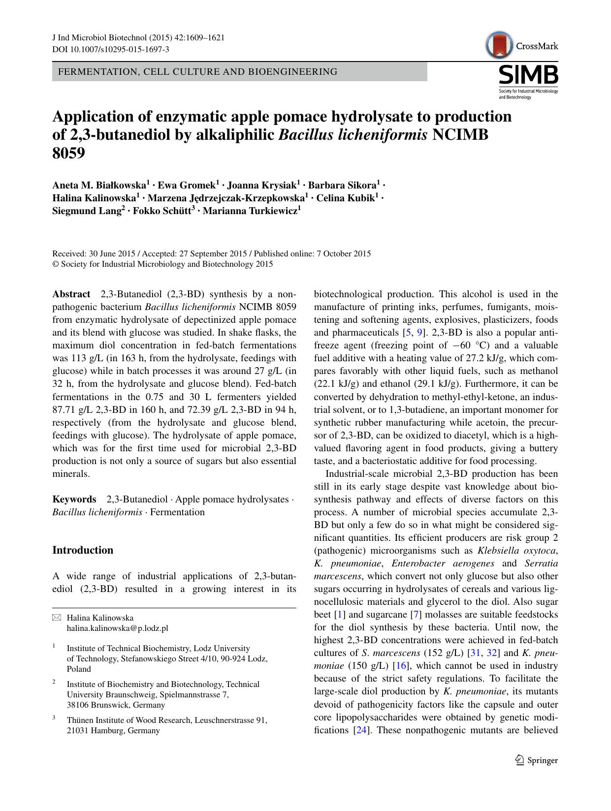Application of enzymatic apple pomace hydrolysate to production of 2,3-butanediol by alkaliphilic Bacillus licheniformis NCIMB 8059 by unknow