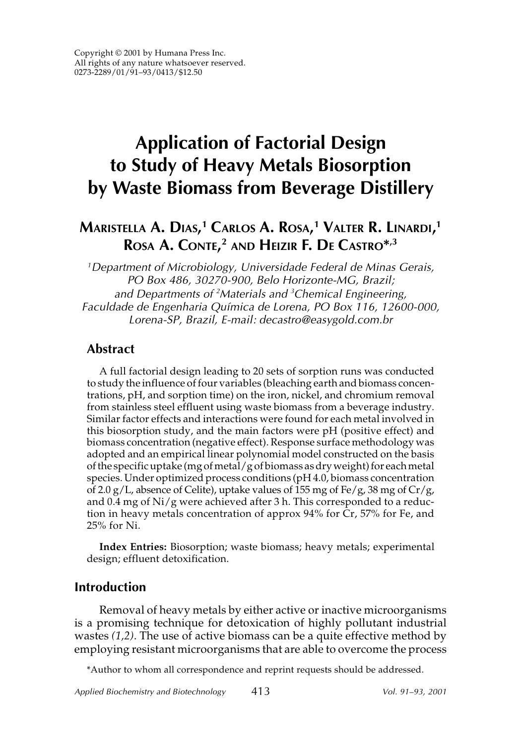 Application of factorial design to study of heavy metals biosorption by waste biomass from beverage distillery by Unknown