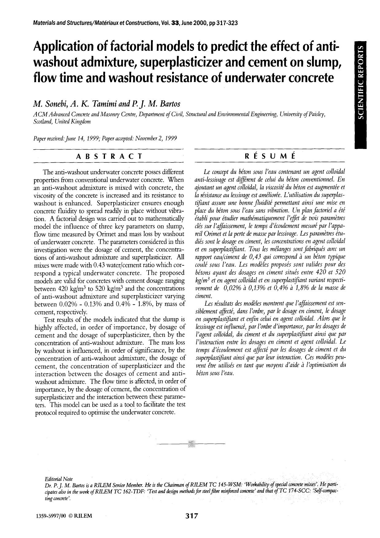 Application of factorial models to predict the effect of anti-washout admixture, superplasticizer and cement on slump, flow time and washout resistance of underwater concrete by Unknown