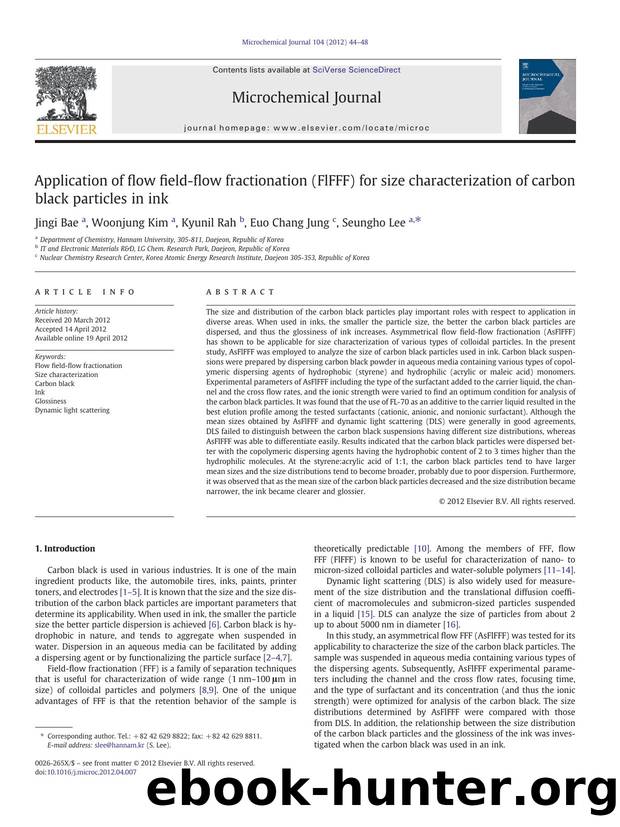 Application of flow field-flow fractionation (FlFFF) for size characterization of carbon black particles in ink by Jingi Bae & Woonjung Kim & Kyunil Rah & Euo Chang Jung & Seungho Lee