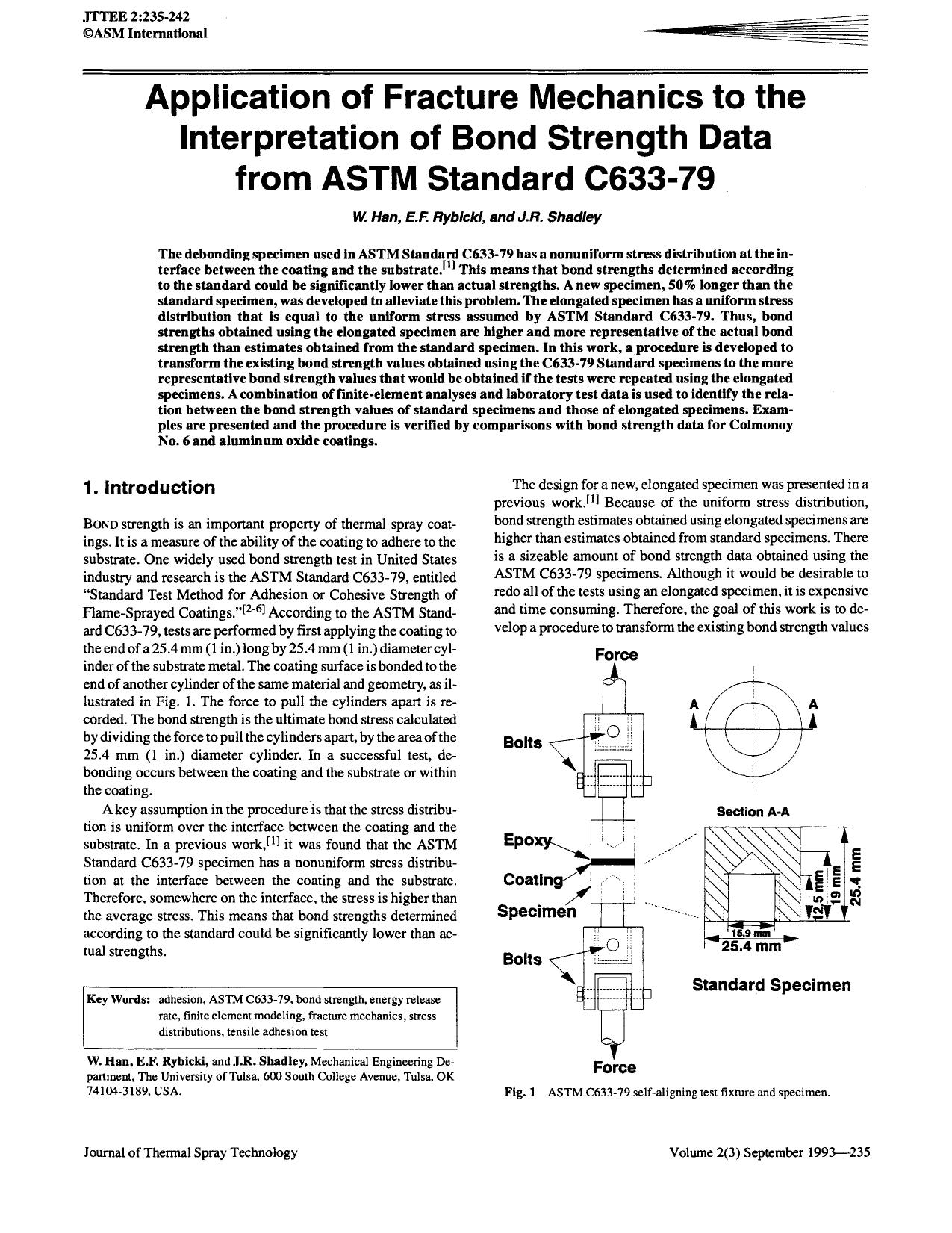 Application of fracture mechanics to the interpretation of bond strength data from ASTM standard C633-79 by Unknown