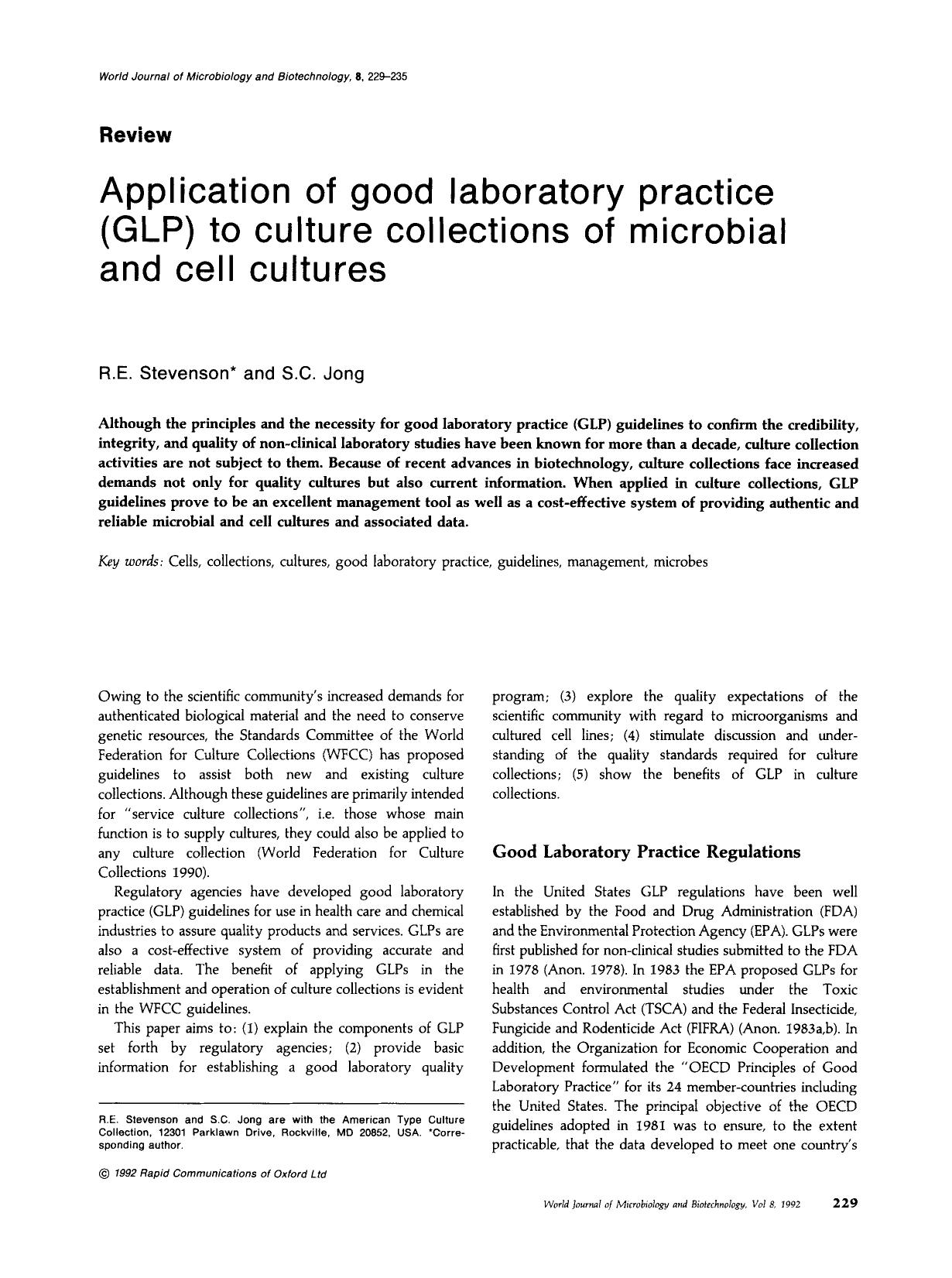 Application of good laboratory practice (GLP) to culture collections of microbial and cell cultures by Unknown