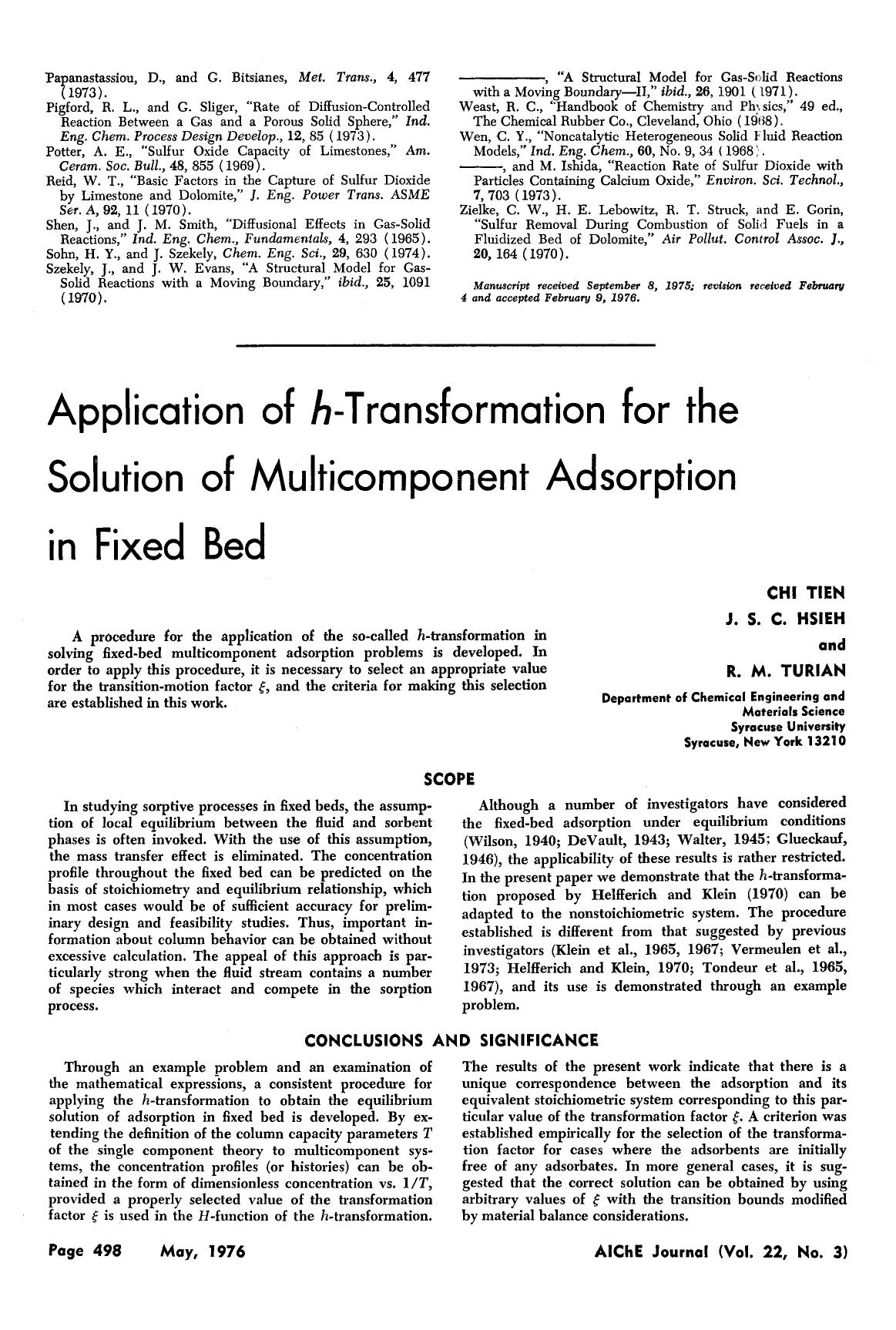 Application of h-transformation for the solution of multicomponent adsorption in fixed bed by Unknown
