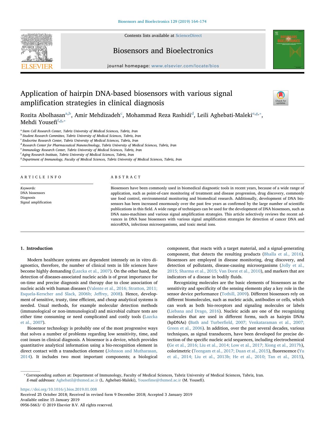 Application of hairpin DNA-based biosensors with various signal amplification strategies in clinical diagnosis by Rozita Abolhasan & Amir Mehdizadeh & Mohammad Reza Rashidi & Leili Aghebati-Maleki & Mehdi Yousefi