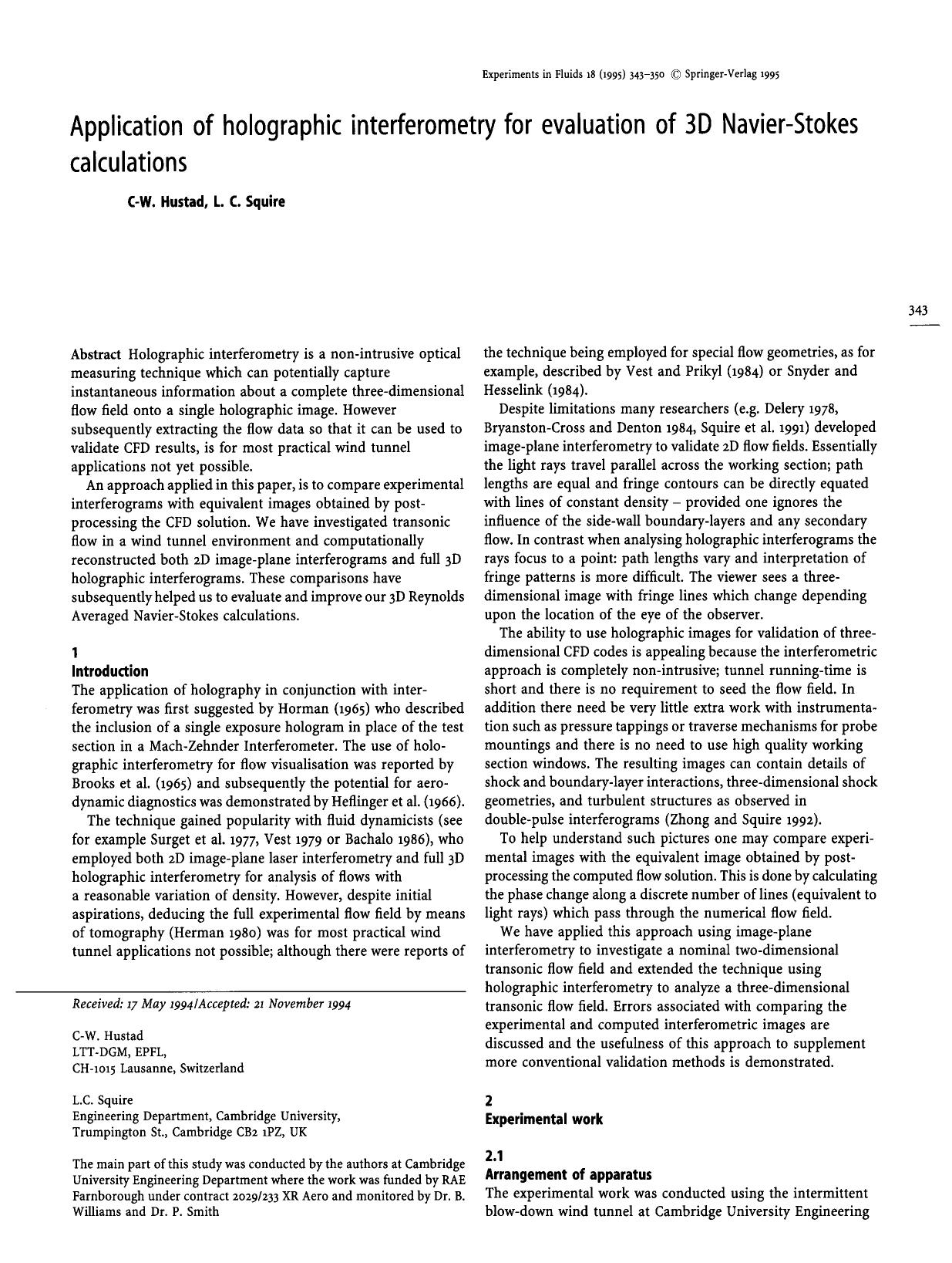 Application of holographic interferometry for evaluation of 3D Navier-Stokes calculations by Unknown