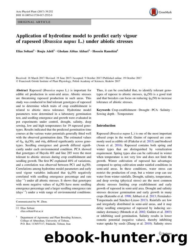 Application of hydrotime model to predict early vigour of rapeseed (Brassica napus L.) under abiotic stresses by Elias Soltani & Roqia Adeli & Gholam Abbas Akbari & Hossein Ramshini