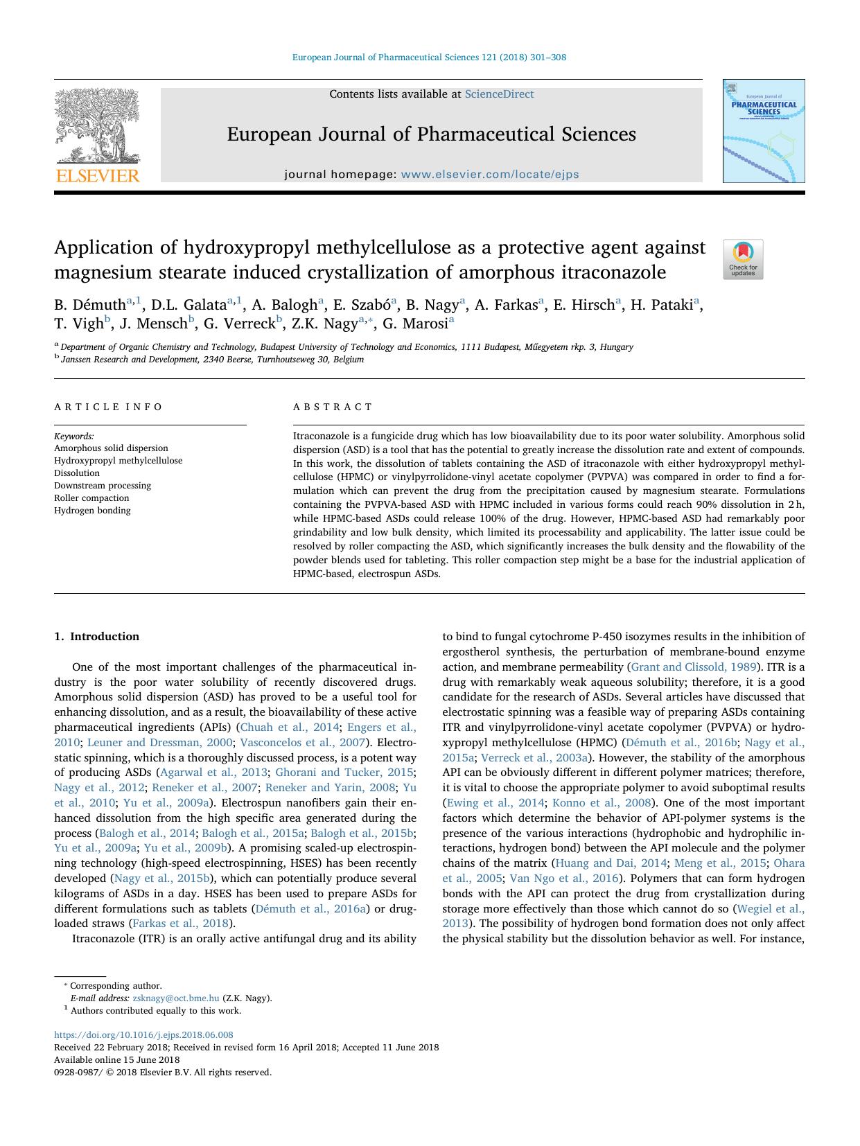 Application of hydroxypropyl methylcellulose as a protective agent against magnesium stearate induced crystallization of amorphous itraconazole by unknow