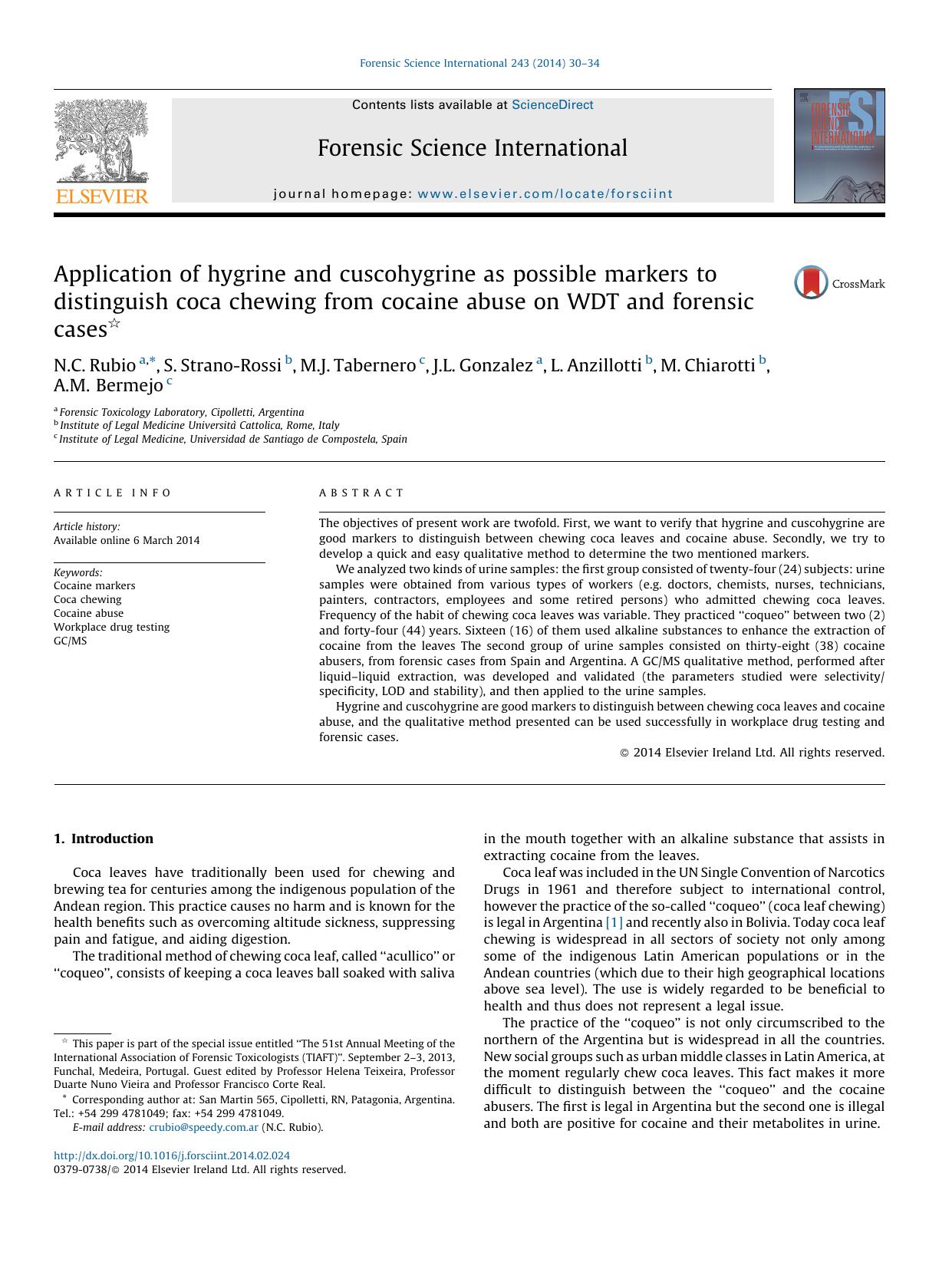 Application of hygrine and cuscohygrine as possible markers to distinguish coca chewing from cocaine abuse on WDT and forensic cases by unknow