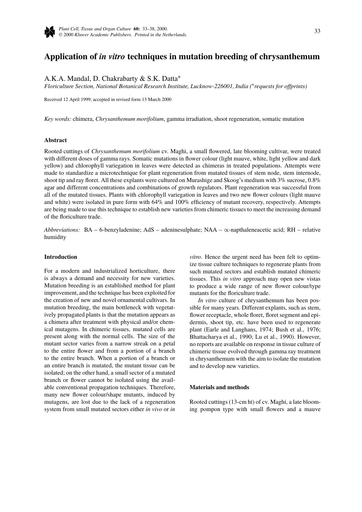 Application of in vitro techniques in mutation breeding of chrysanthemum by Unknown