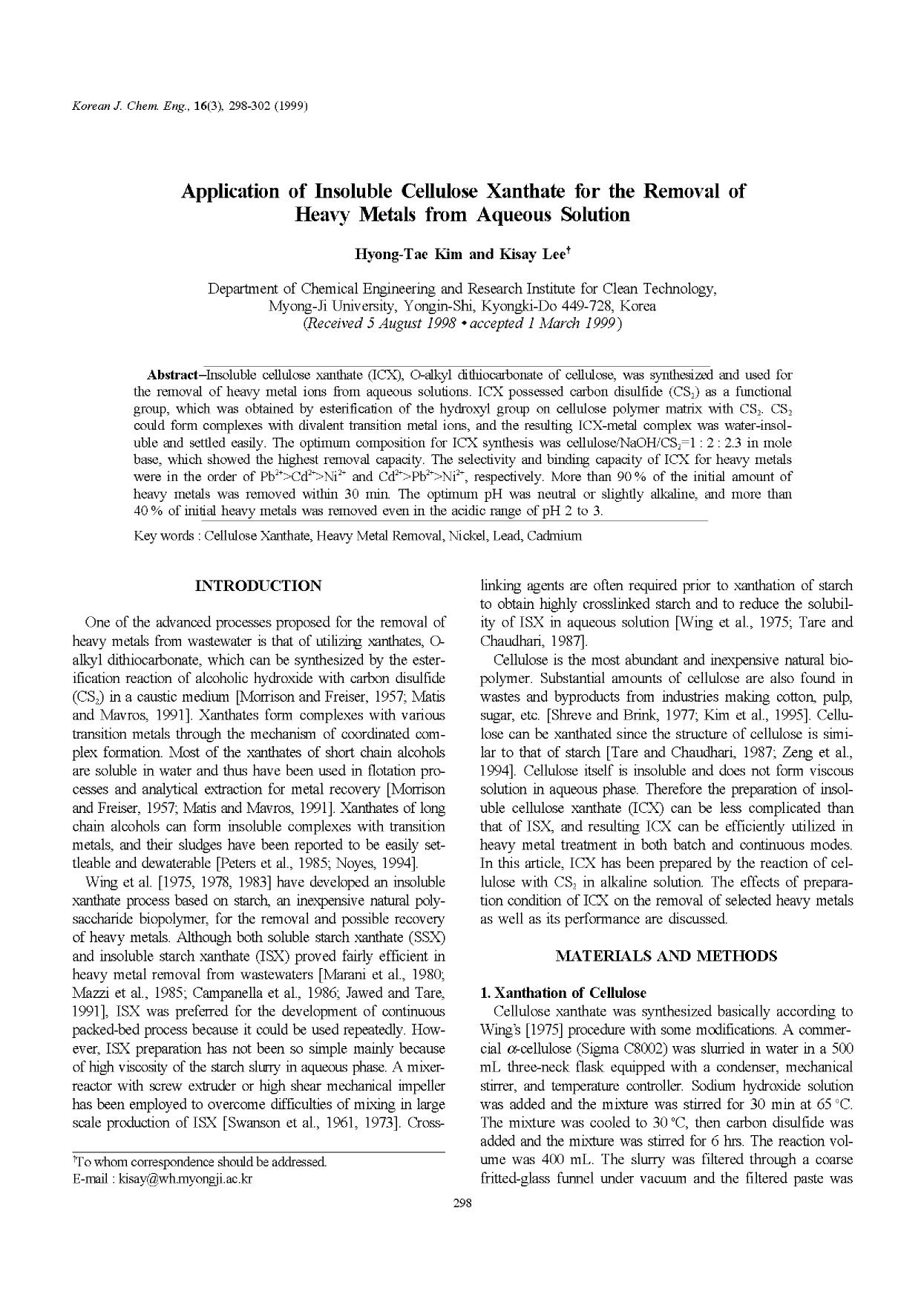 Application of insoluble cellulose xanthate for the removal of heavy metals from aqueous solution by Unknown