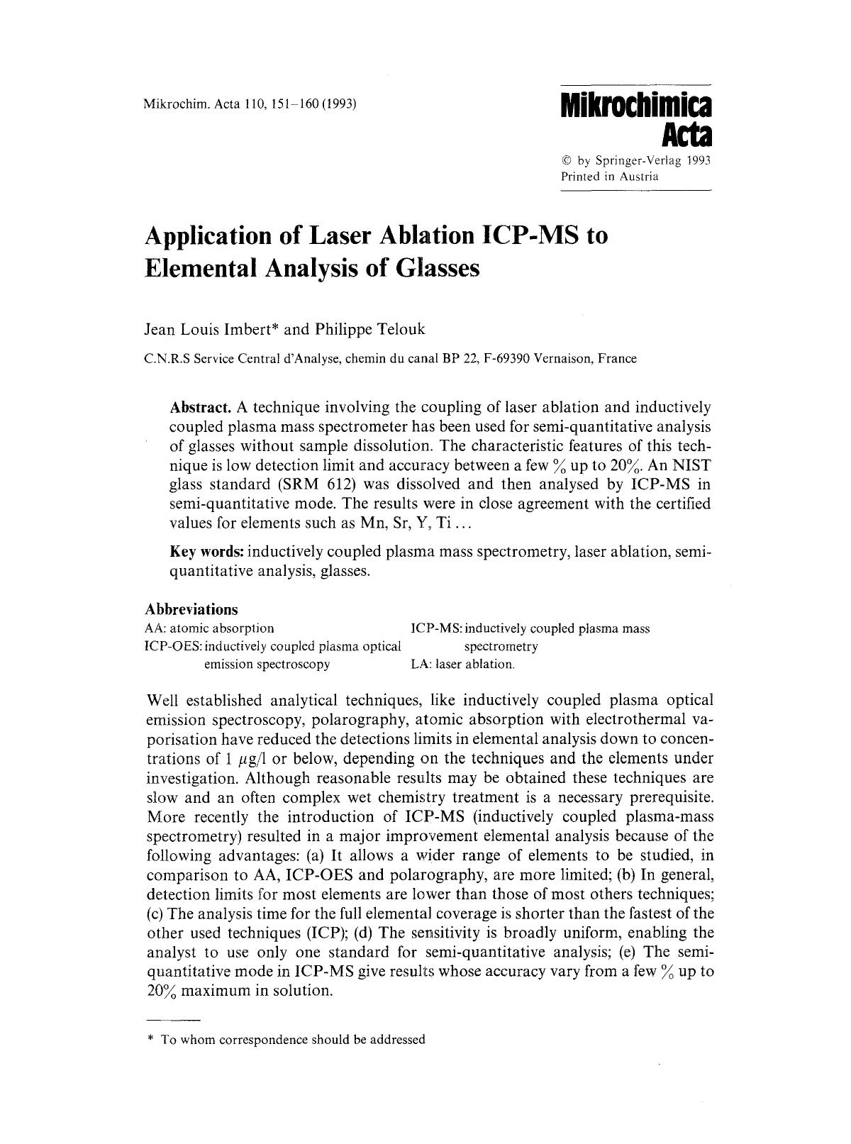 Application of laser ablation ICP-MS to elemental analysis of glasses by Unknown