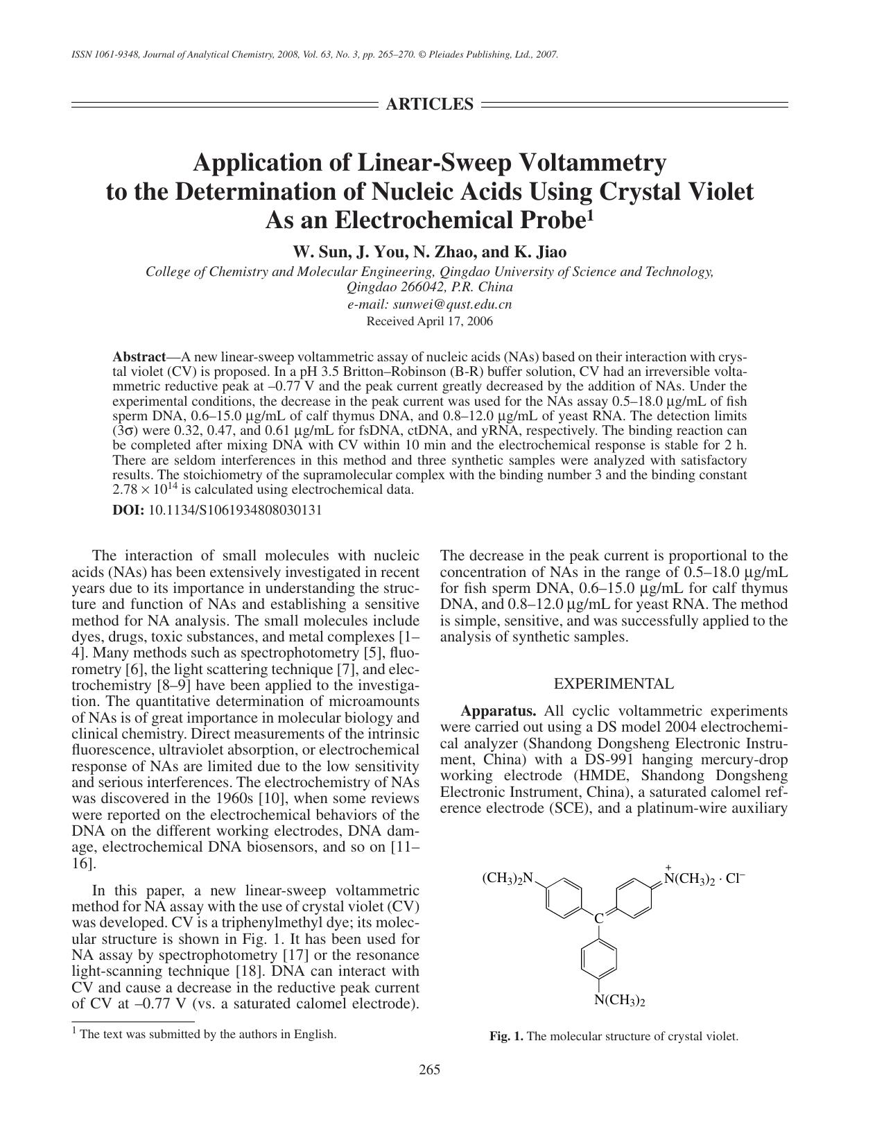 Application of linear-sweep voltammetry to the determination of nucleic acids using crystal violet as an electrochemical probe by Unknown