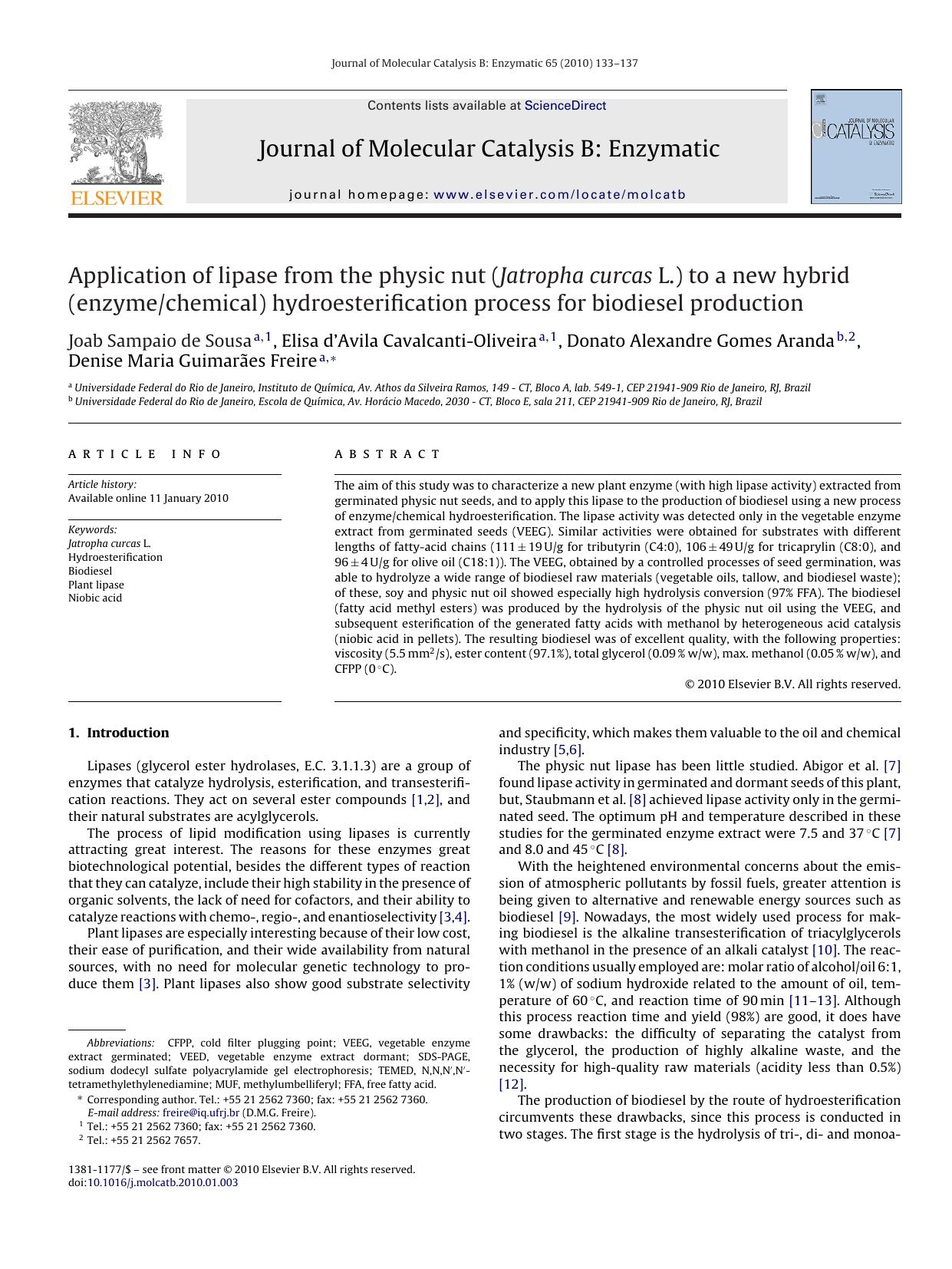 Application of lipase from the physic nut (Jatropha curcas L.) to a new hybrid (enzymechemical) hydroesterification process for biodiesel production by unknow