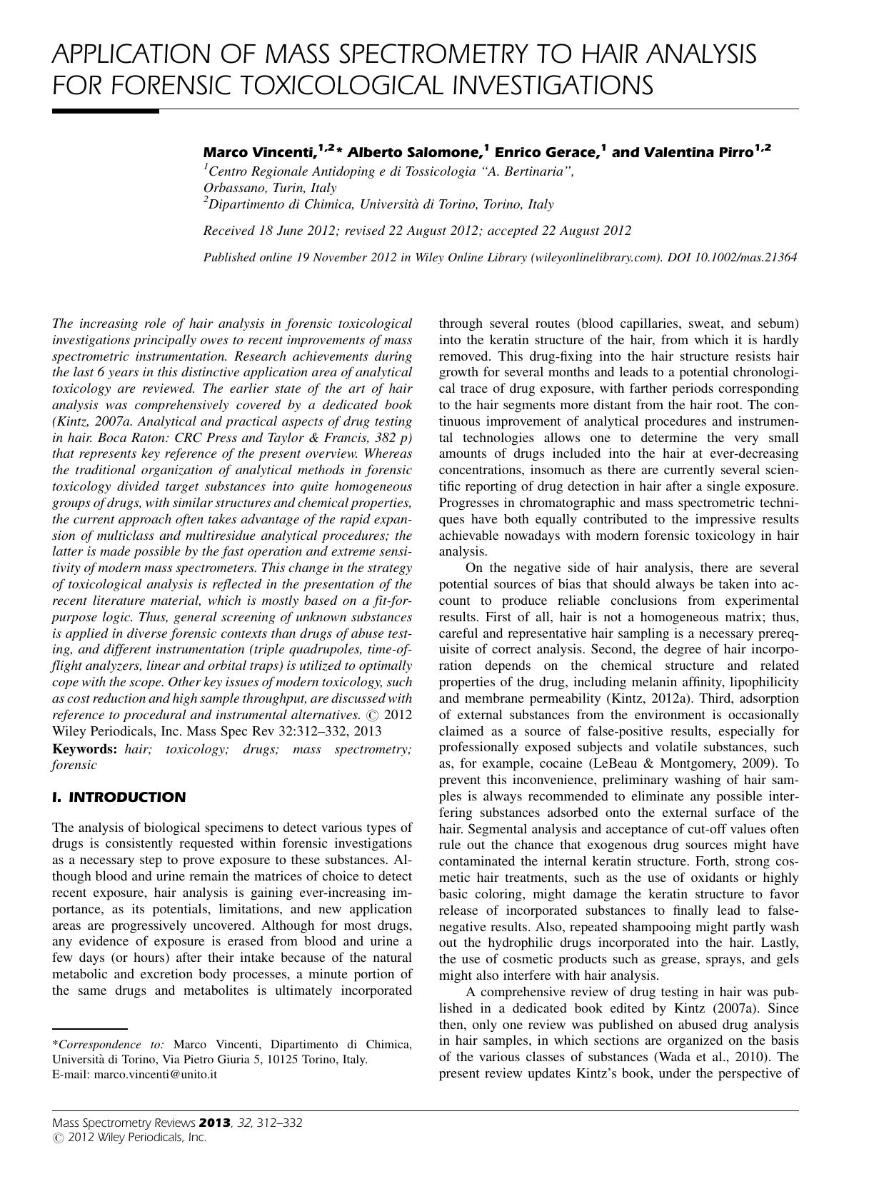 Application of mass spectrometry to hair analysis for forensic toxicological investigations by Unknown