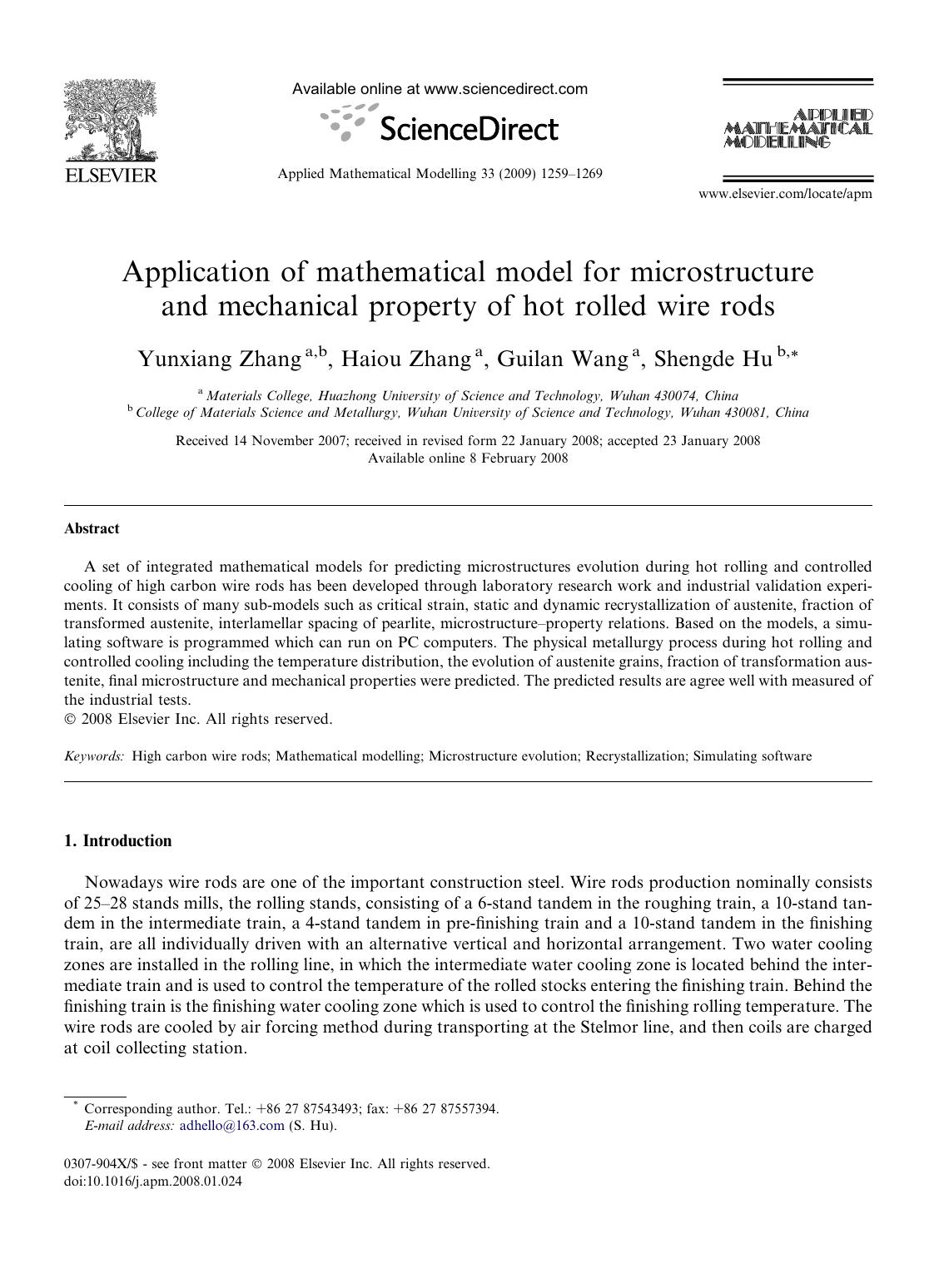 Application of mathematical model for microstructure and mechanical property of hot rolled wire rods by Yunxiang Zhang; Haiou Zhang; Guilan Wang; Shengde Hu