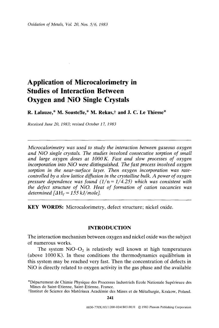 Application of microcalorimetry in studies of interaction between oxygen and NiO single crystals by Unknown