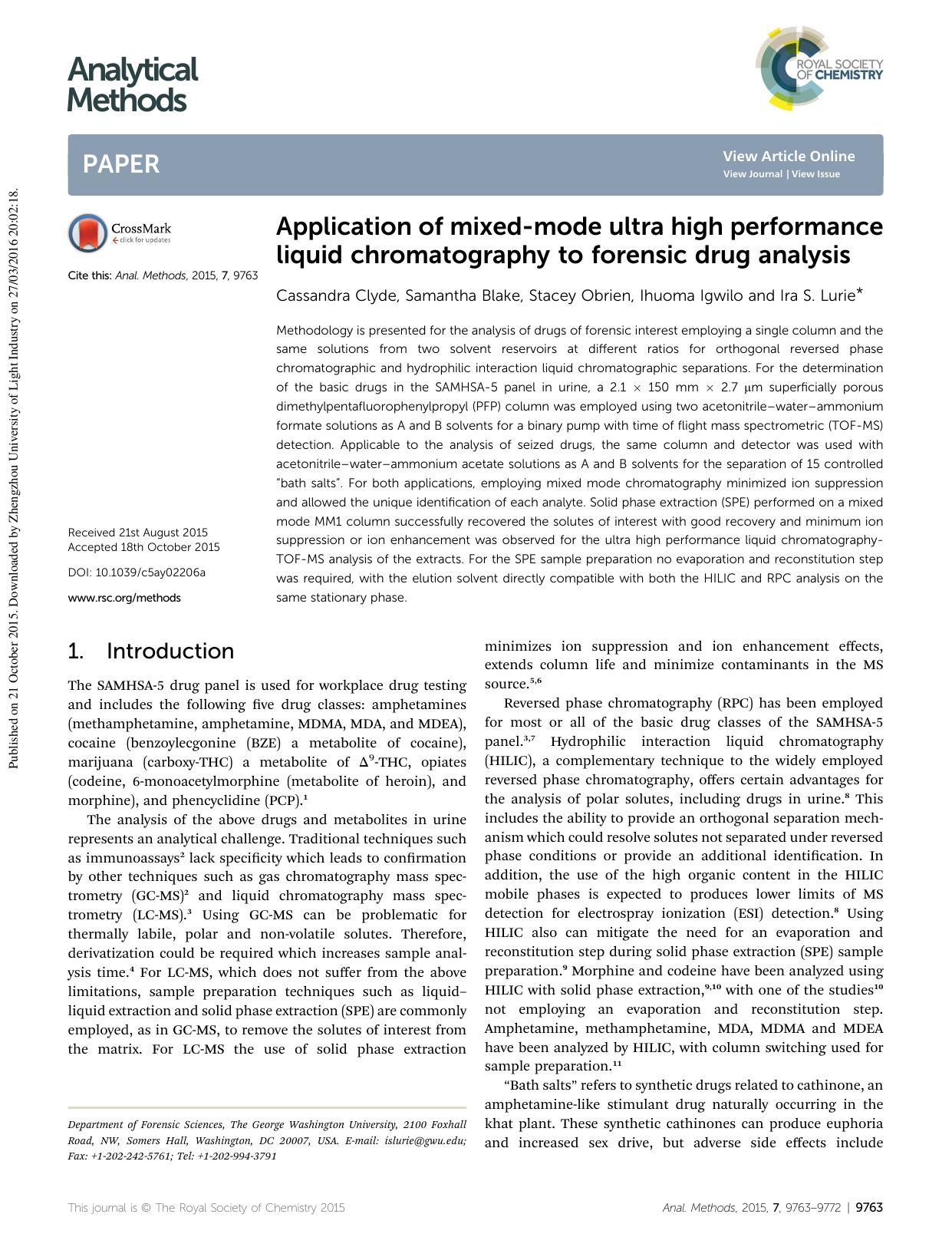 Application of mixed-mode ultra high performance liquid chromatography to forensic drug analysis by Cassandra Clyde & Samantha Blake & Stacey Obrien & Ihuoma Igwilo & Ira S. Lurie