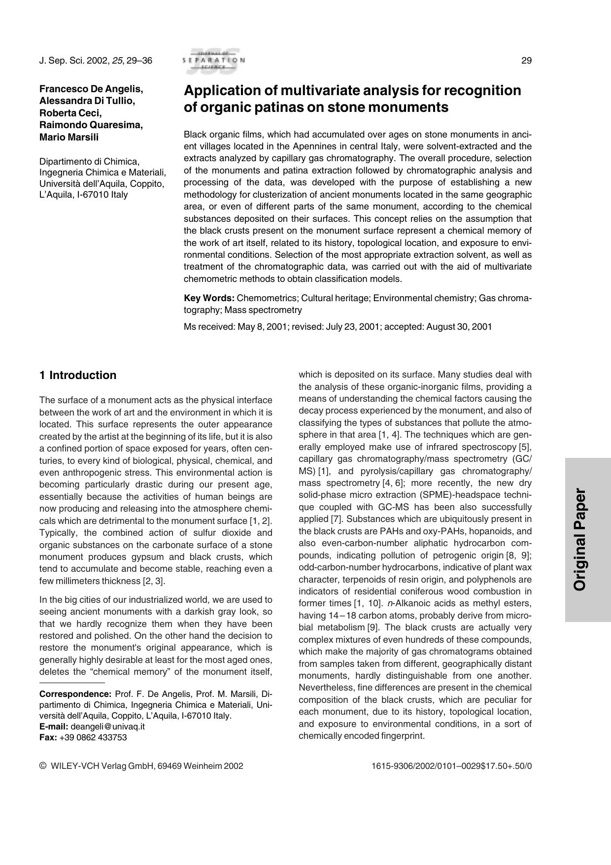 Application of multivariate analysis for recognition of organic patinas on stone monuments by Unknown