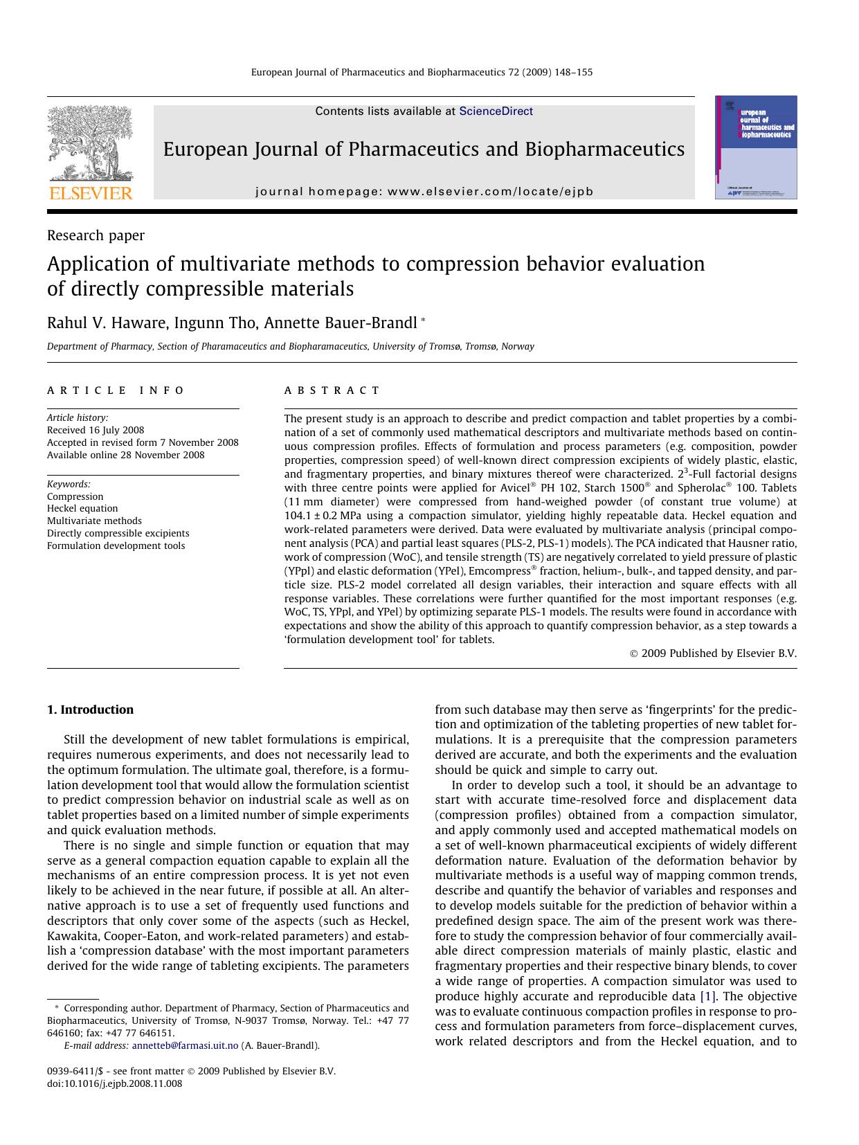 Application of multivariate methods to compression behavior evaluation of directly compressible materials by Rahul V. Haware; Ingunn Tho; Annette Bauer-Brandl
