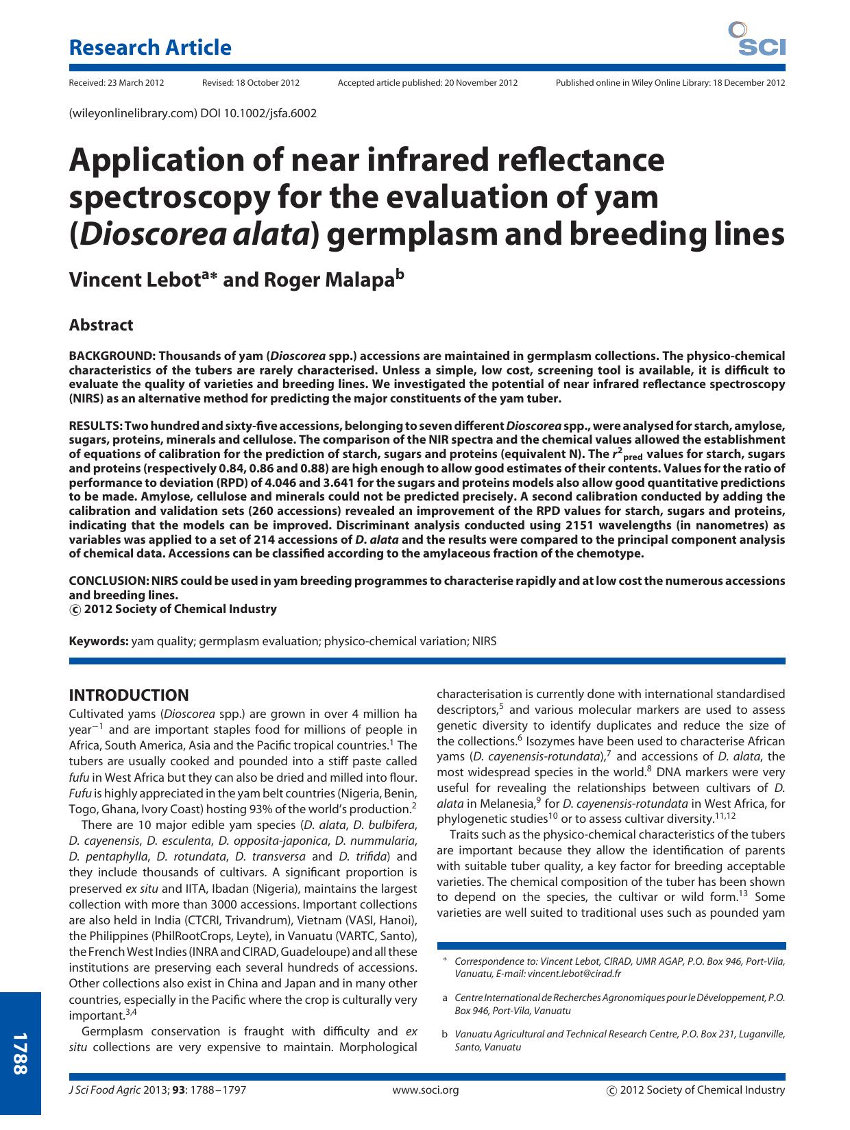 Application of near infrared reflectance spectroscopy for the evaluation of yam (Dioscorea alata) germplasm and breeding lines by Unknown