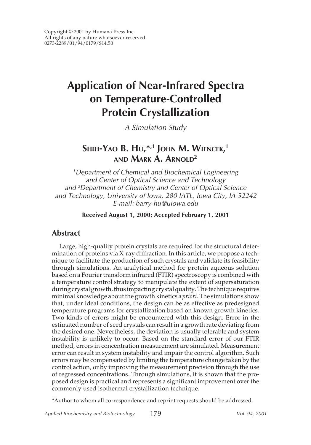 Application of near-infrared spectra on temperature-controlled protein crystallization by Unknown