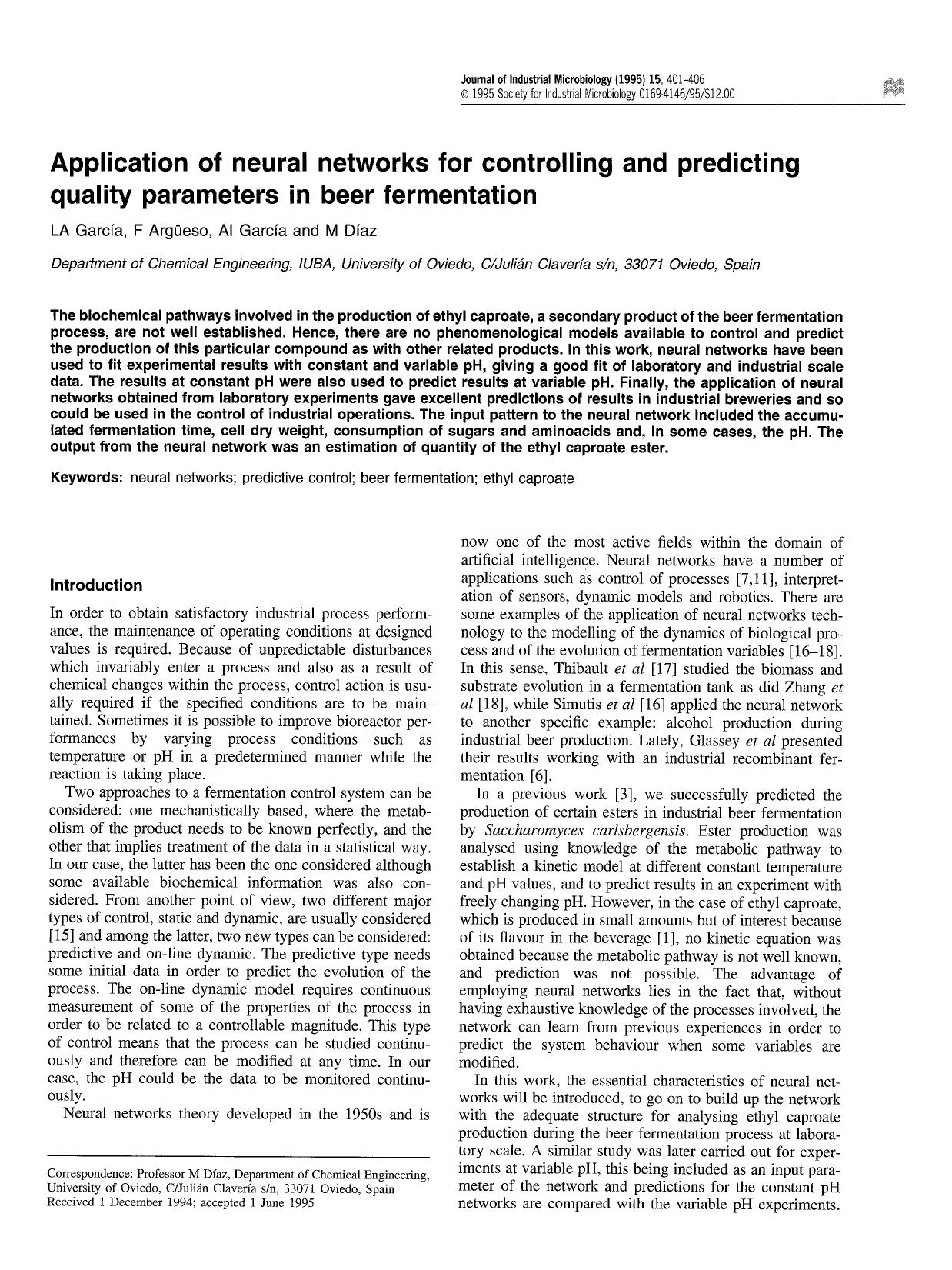 Application of neural networks for controlling and predicting quality parameters in beer fermentation by Unknown
