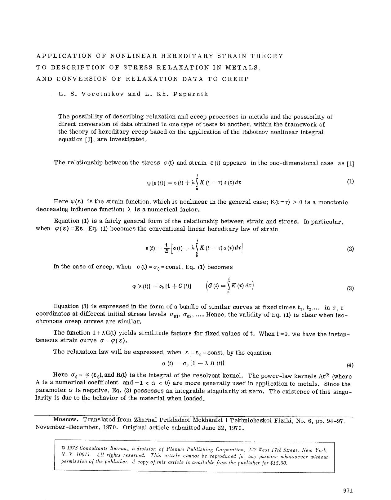 Application of nonlinear hereditary strain theory to description of stress relaxation in metals, and conversion of relaxation data to creep by Unknown