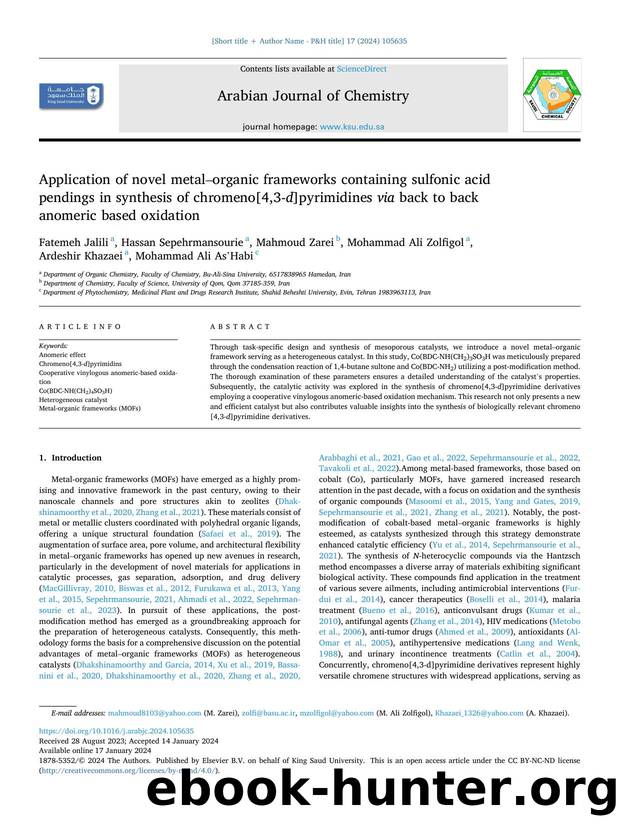 Application of novel metalâorganic frameworks containing sulfonic acid pendings in synthesis of chromeno[4,3- d ]pyrimidines via back to back anomeric based oxidation by unknow