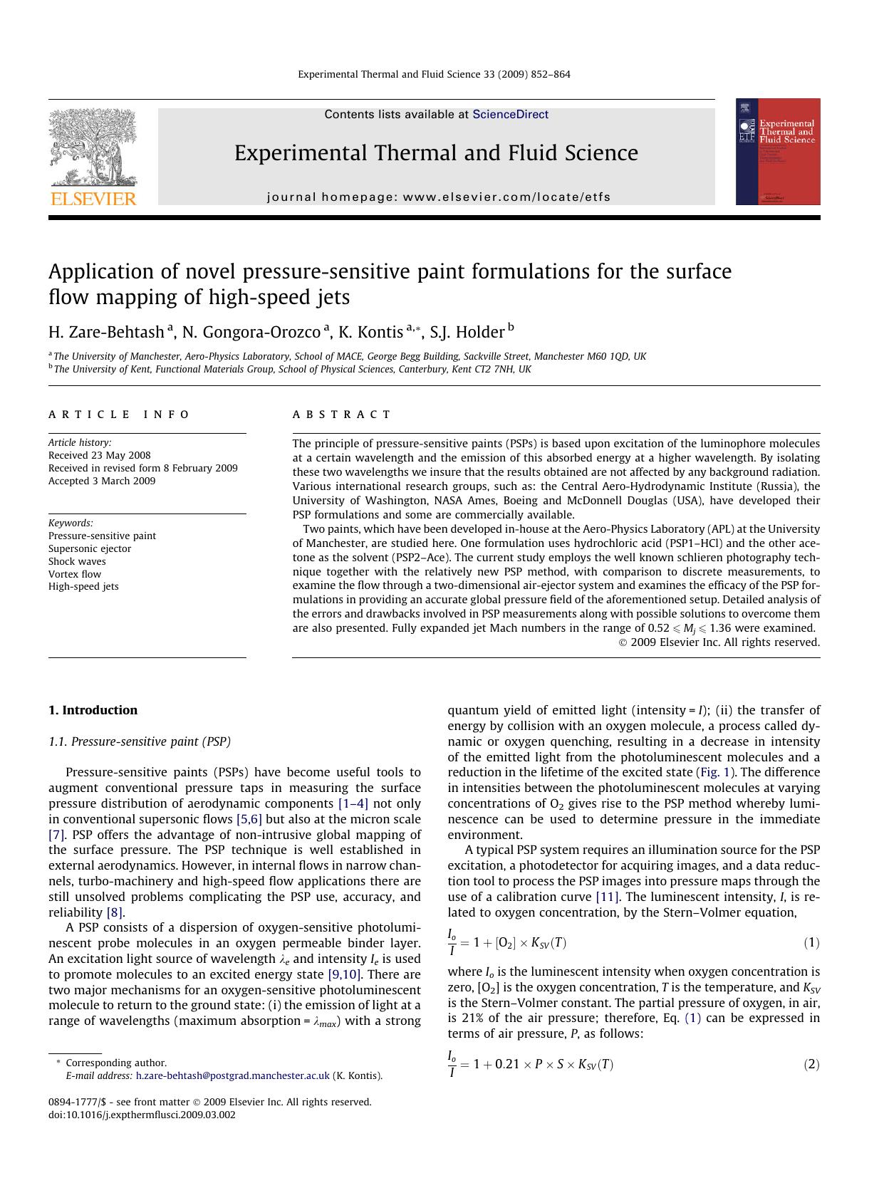 Application of novel pressure-sensitive paint formulations for the surface flow mapping of high-speed jets by H. Zare-Behtash; N. Gongora-Orozco; K. Kontis; S.J. Holder