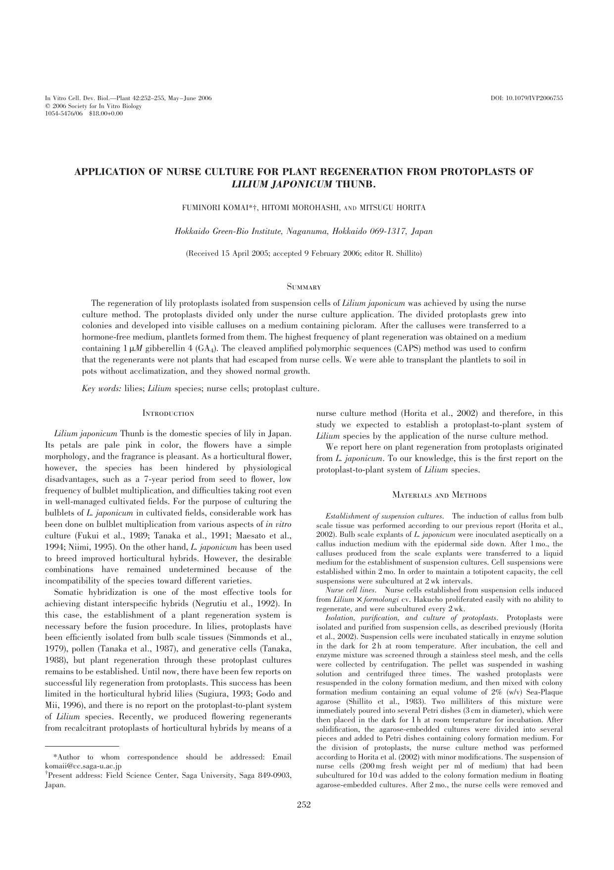 Application of nurse culture for plant regeneration from protoplasts of <Emphasis Type="Italic">Lilium japonicum <Emphasis> thunb by Unknown