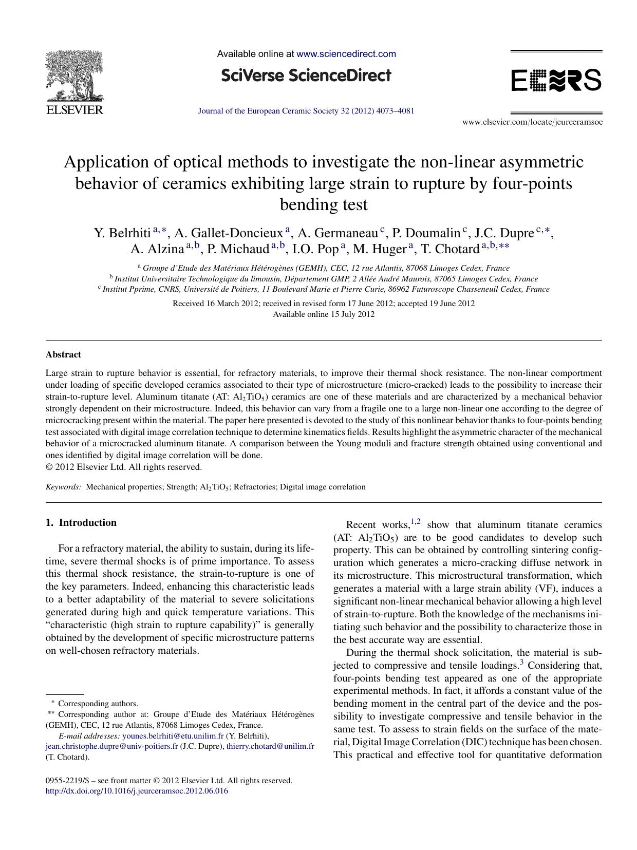 Application of optical methods to investigate the non-linear asymmetric behavior of ceramics exhibiting large strain to rupture by four-points bending test by Y. Belrhiti
