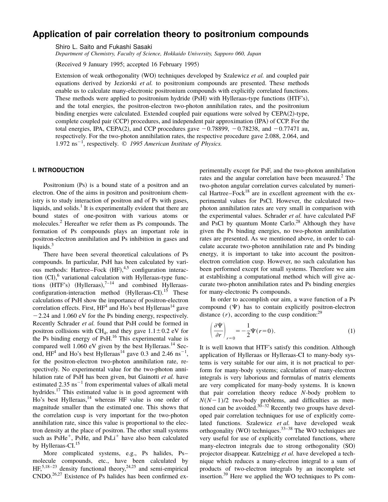Application of pair correlation theory to by Shiro L. Saito and Fukashi Sasaki
