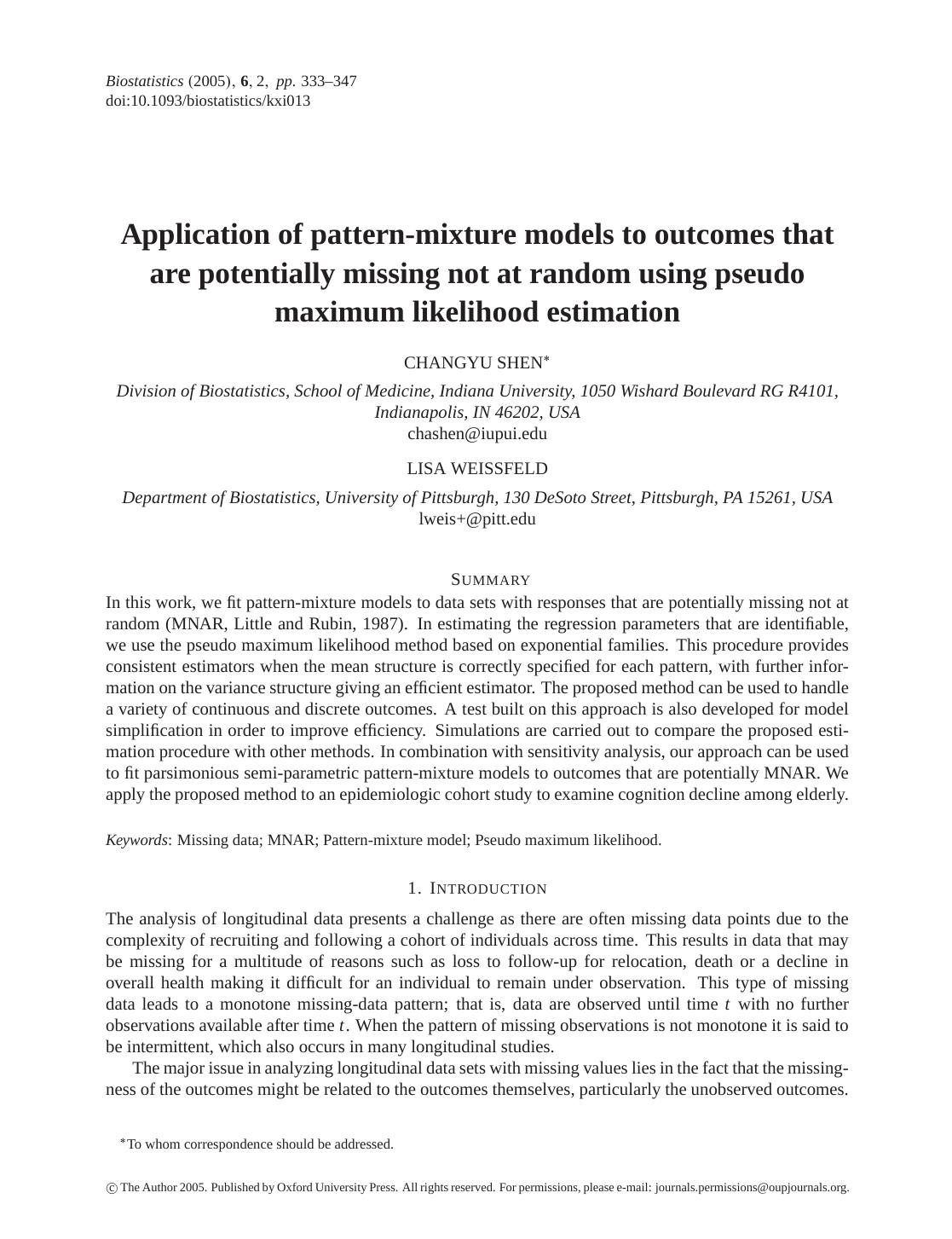 Application of pattern-mixture models to outcomes that are potentially missing not at random using pseudo maximum likelihood estimation by Shen C. Weissfeld L