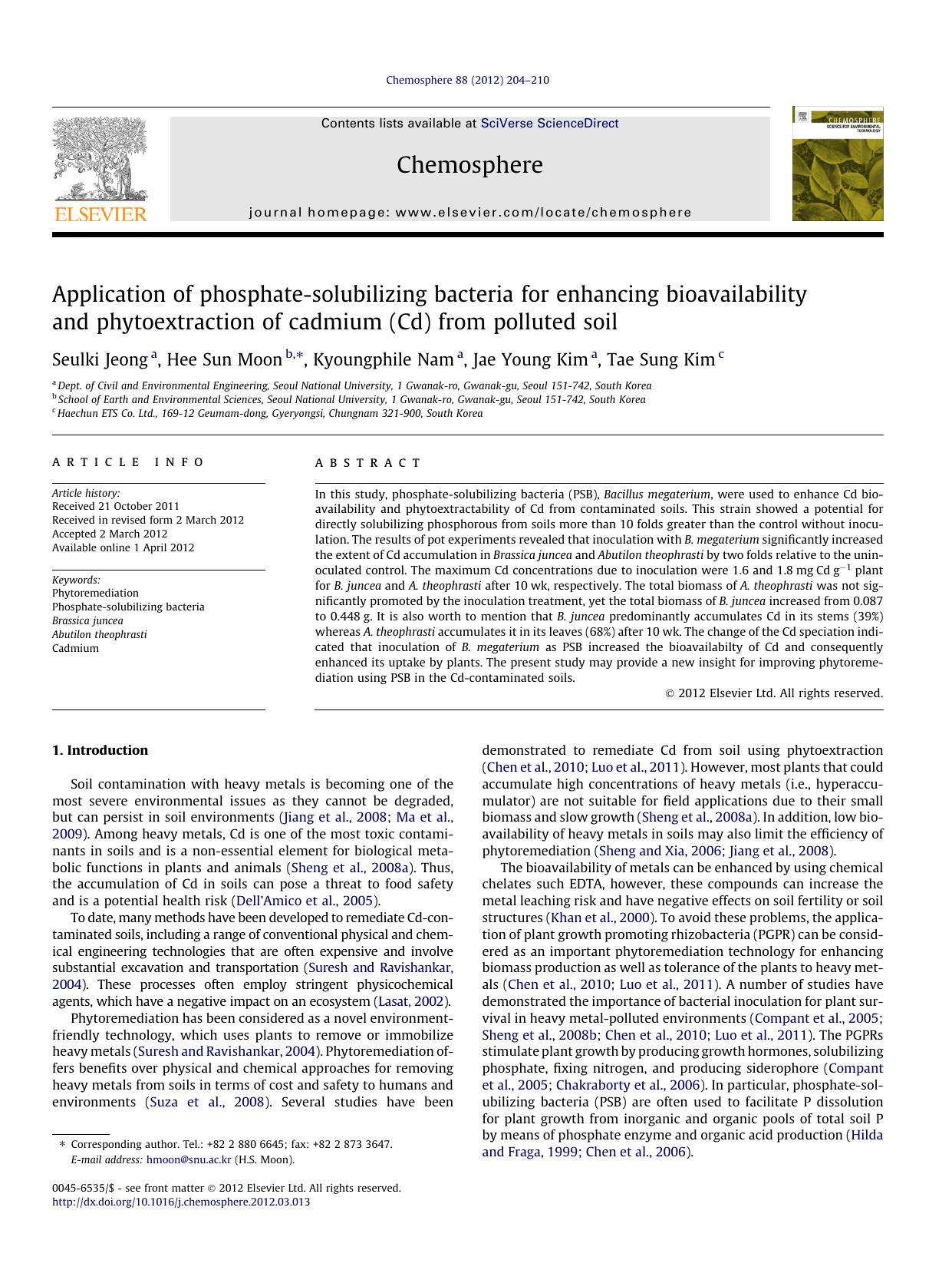 Application of phosphate-solubilizing bacteria for enhancing bioavailability and phytoextraction of cadmium (Cd) from polluted soil by Seulki Jeong & Hee Sun Moon & Kyoungphile Nam & Jae Young Kim & Tae Sung Kim