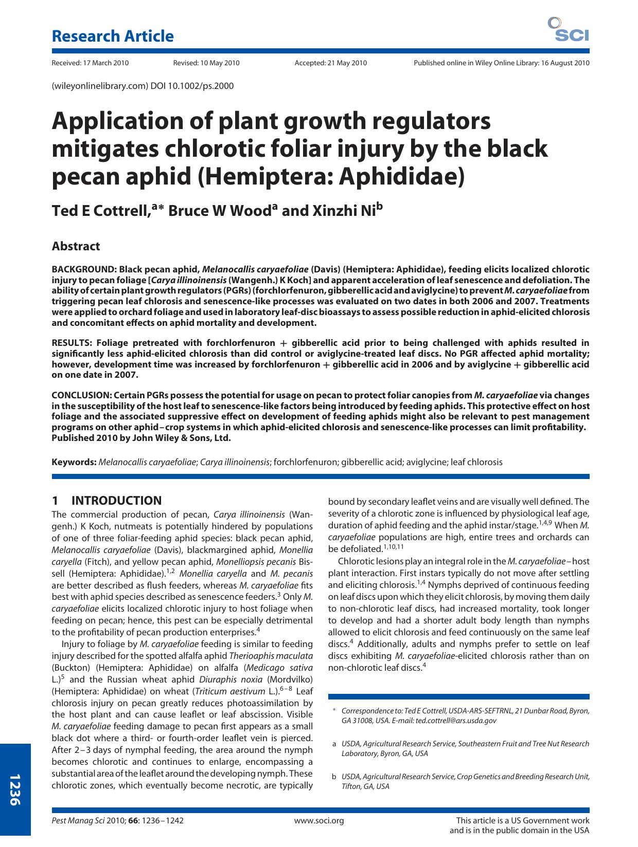 Application of plant growth regulators mitigates chlorotic foliar injury by the black pecan aphid (Hemiptera: Aphididae) by Unknown