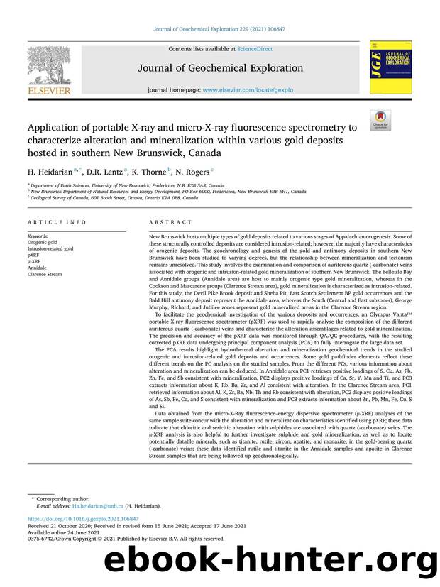 Application of portable X-ray and micro-X-ray fluorescence spectrometry to characterize alteration and mineralization within various gold deposits hosted in southern New Brunswick, Canada by H. Heidarian & D.R. Lentz & K. Thorne & N. Rogers