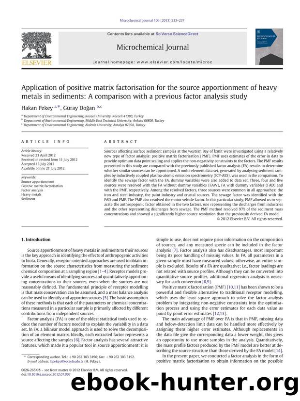 Application of positive matrix factorisation for the source apportionment of heavy metals in sediments: A comparison with a previous factor analysis study by Hakan Pekey & Güray Doğan