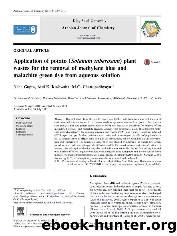 Application of potato (Solanum tuberosum) plant wastes for the removal of methylene blue and malachite green dye from aqueous solution by Neha Gupta & Atul K. Kushwaha & M.C. Chattopadhyaya
