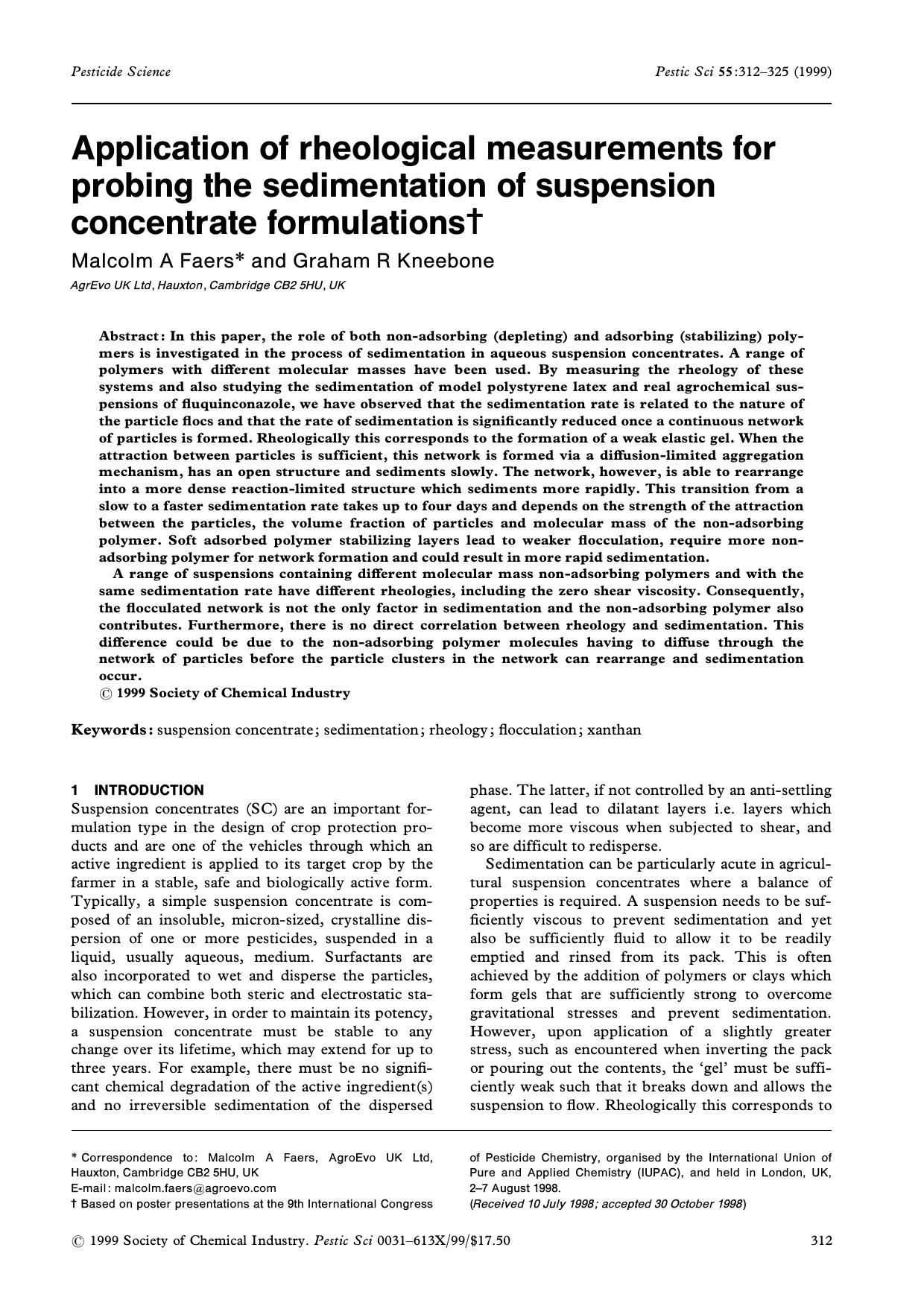 Application of rheological measurements for probing the sedimentation of suspension concentrate formulations by Unknown