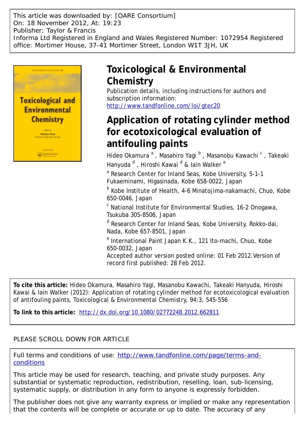 Application of rotating cylinder method for ecotoxicological evaluation of antifouling paints by Hideo Okamura Masahiro Yagi Masanobu Kawachi Takeaki Hanyuda Hiroshi Kawai & Iain Walker