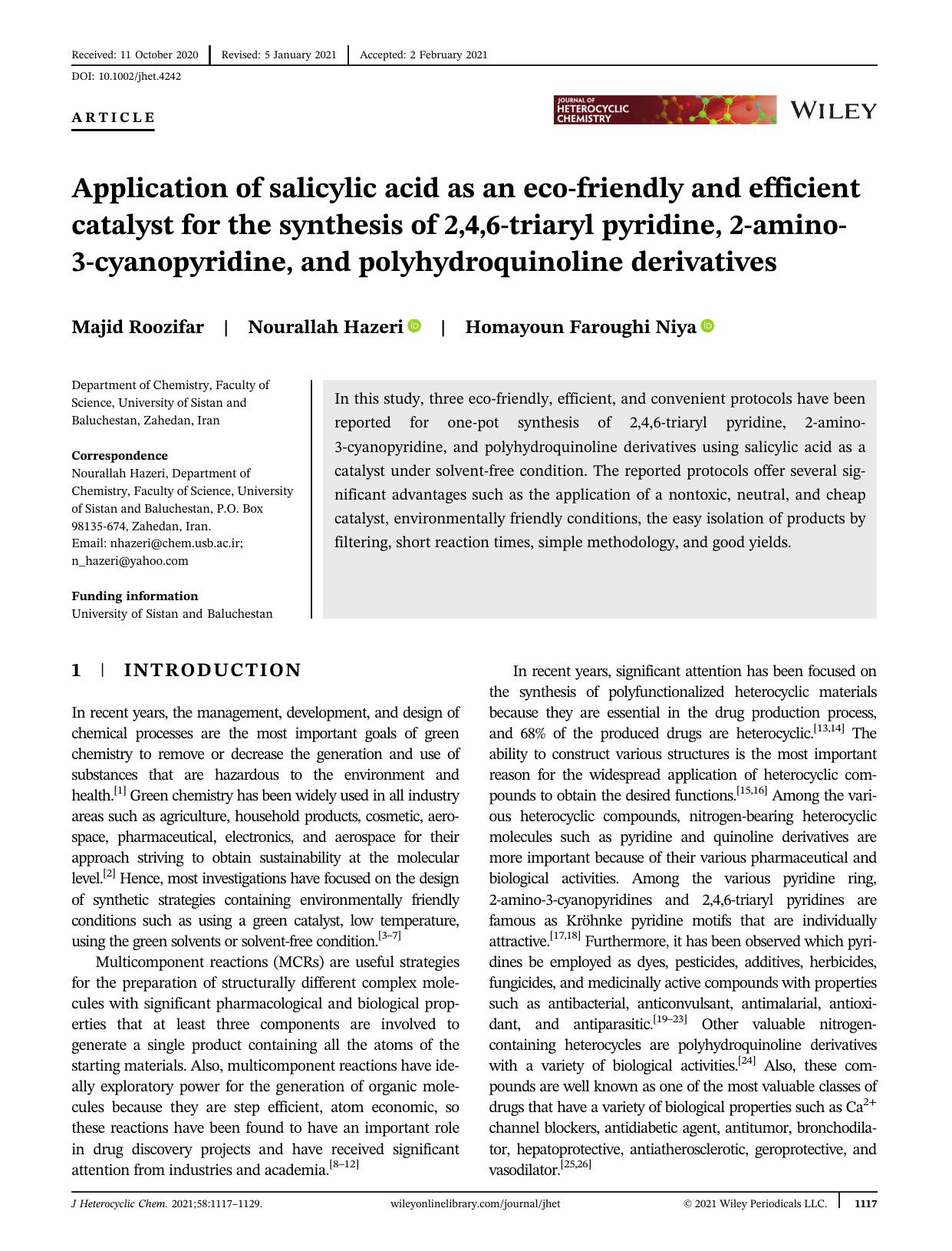 Application of salicylic acid as an eco-friendly and efficient catalyst for the synthesis of 2,4,6-triaryl pyridine, 2-amino-3-cyanopyridine, and polyhydroquinoline derivatives by Unknown