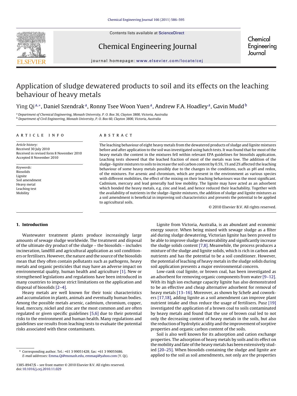 Application of sludge dewatered products to soil and its effects on the leaching behaviour of heavy metals by Ying Qi